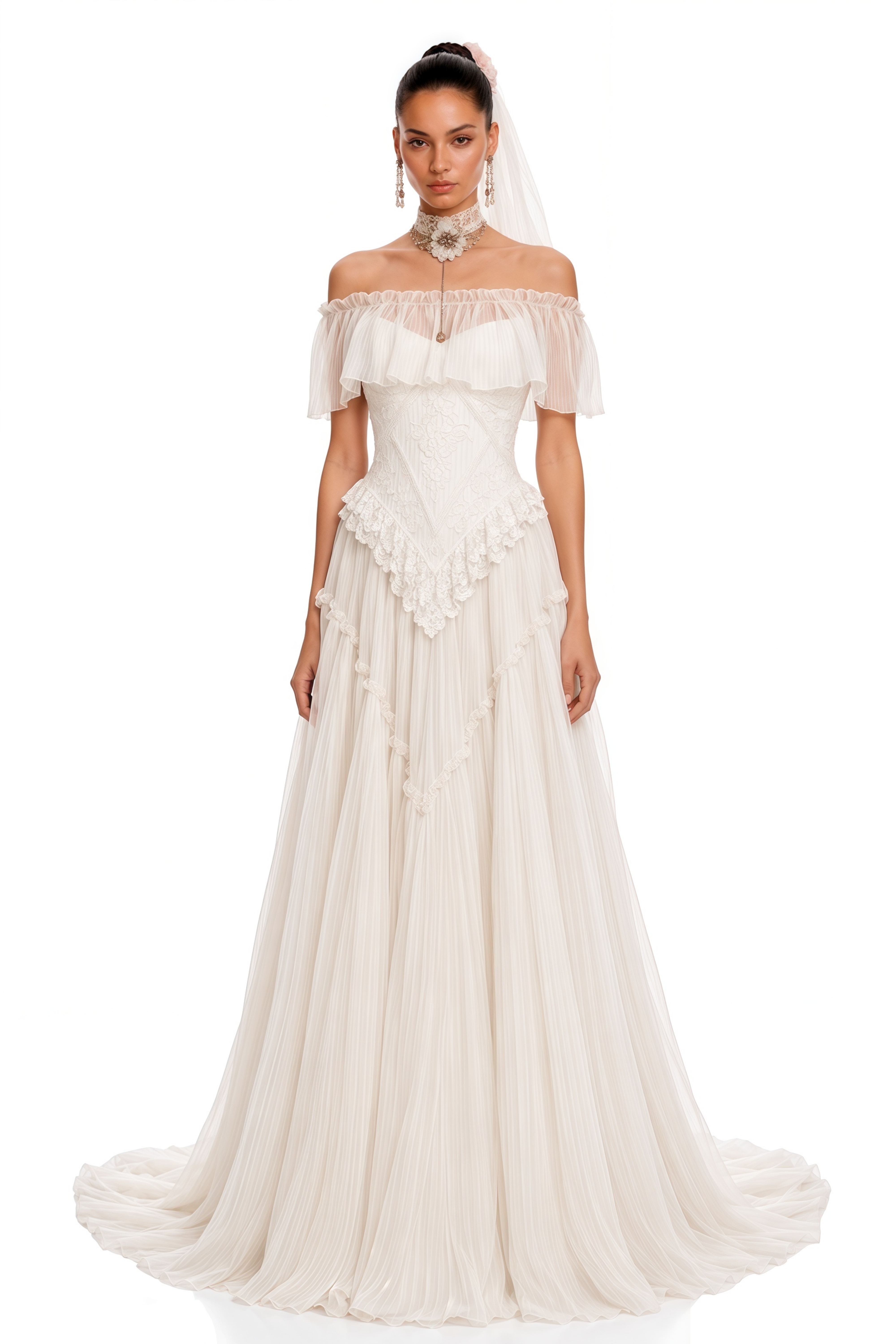 Azelie White Off-Shoulder Pleated Maxi Dress with Shawl