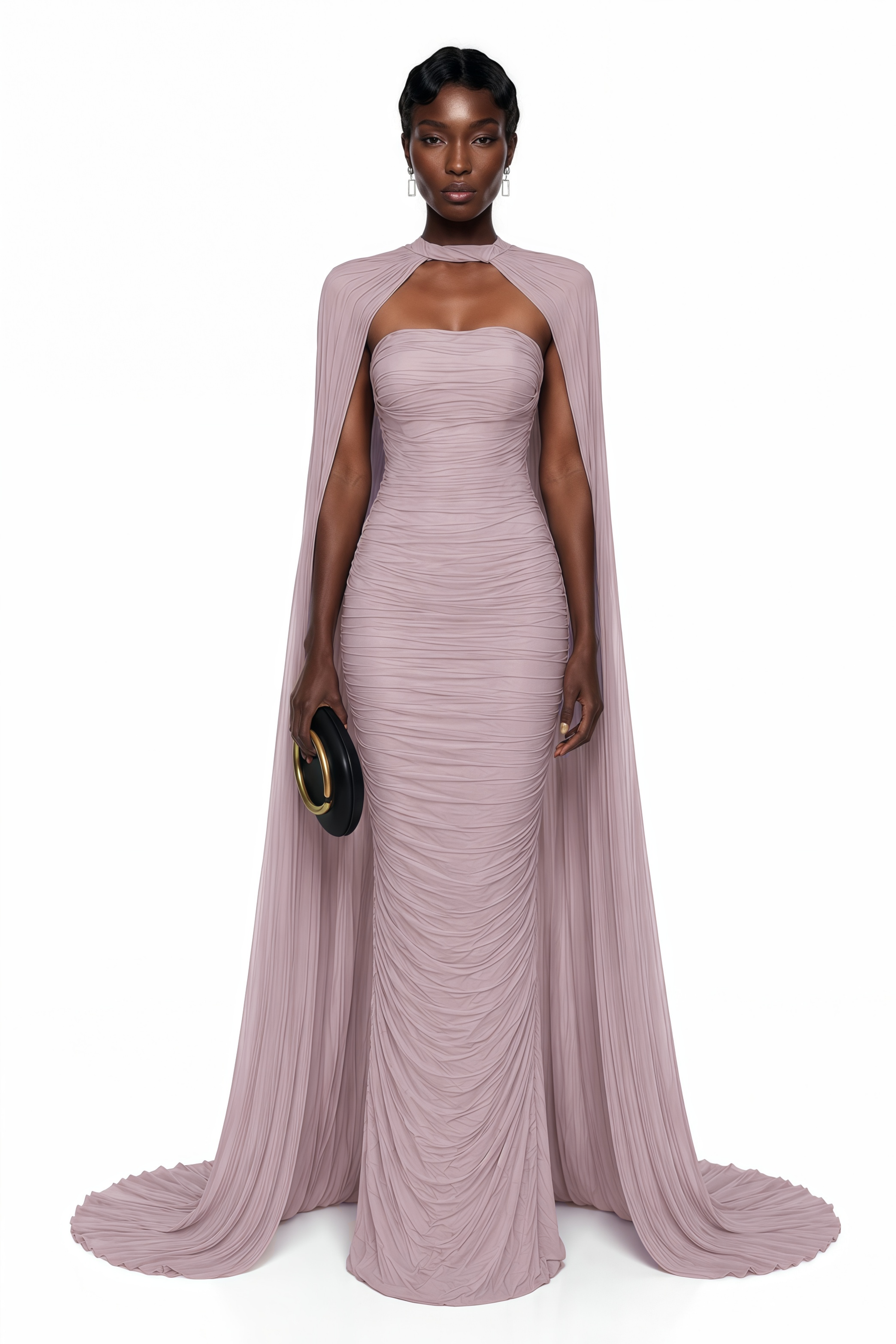 Mauve strapless maxi dress featuring a ruched bodycon silhouette and a matching pleated floor-length cape