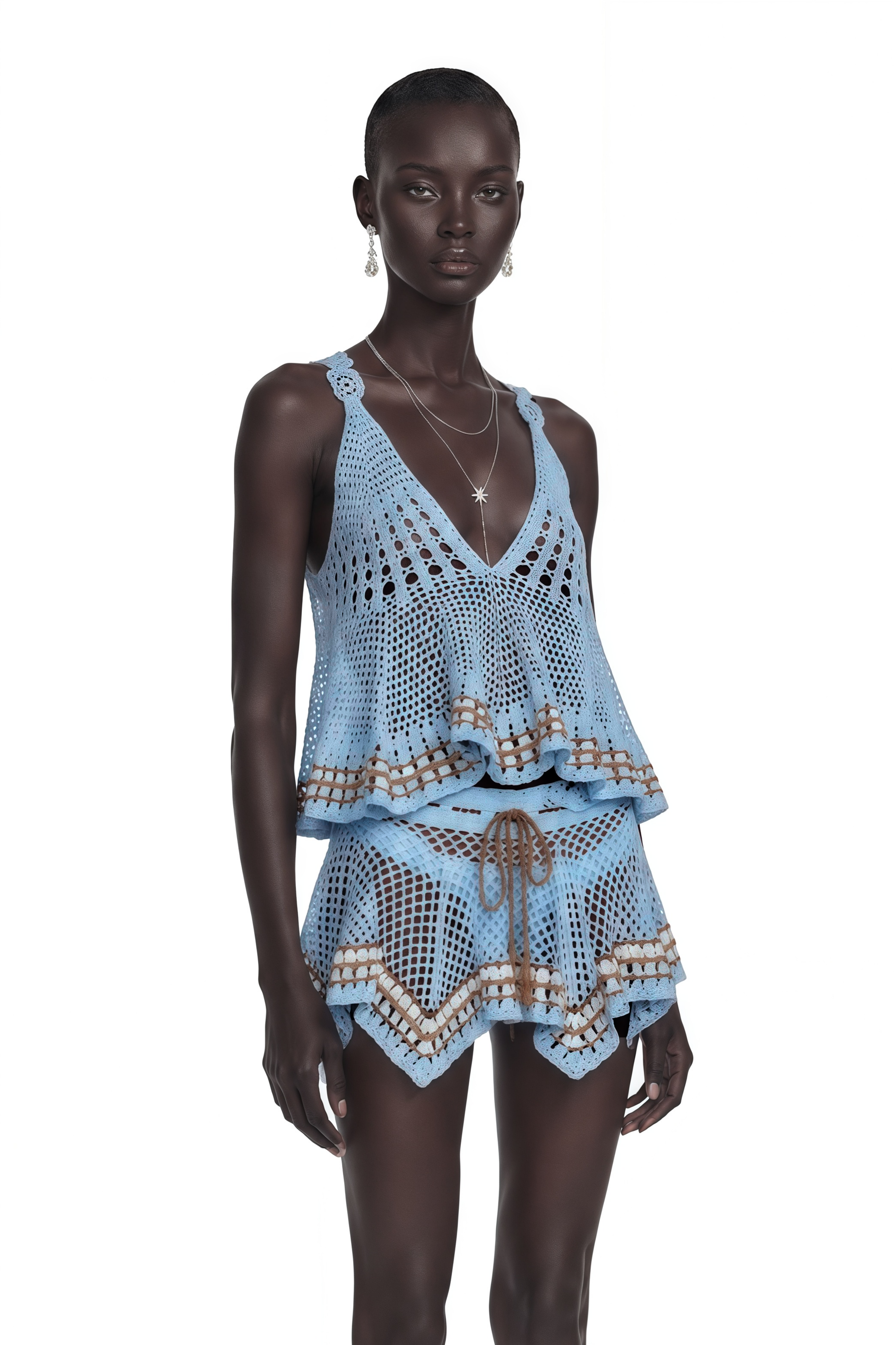 Light blue crochet V-neck tank top and matching shorts set