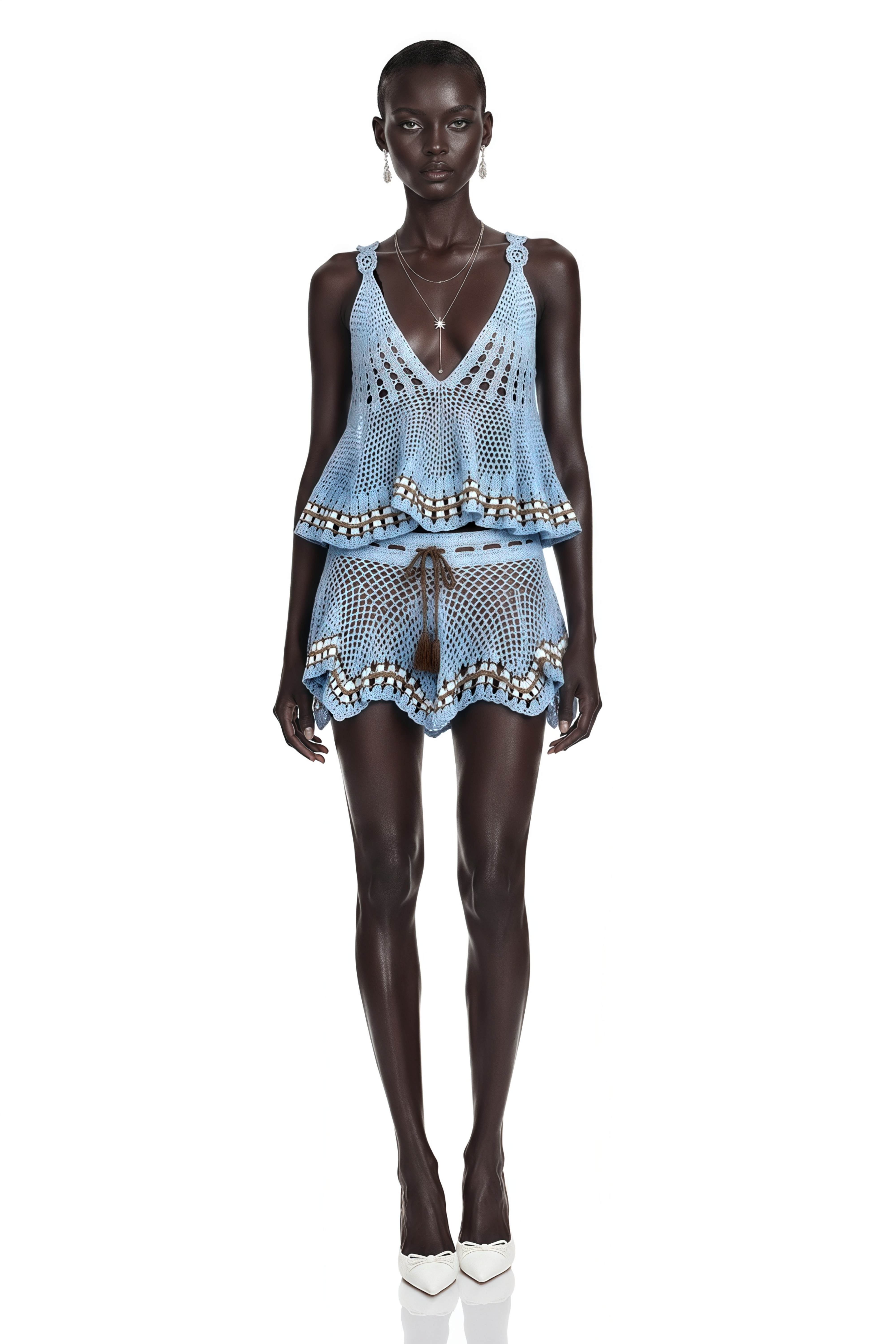 Light blue crochet V-neck tank top and matching shorts set