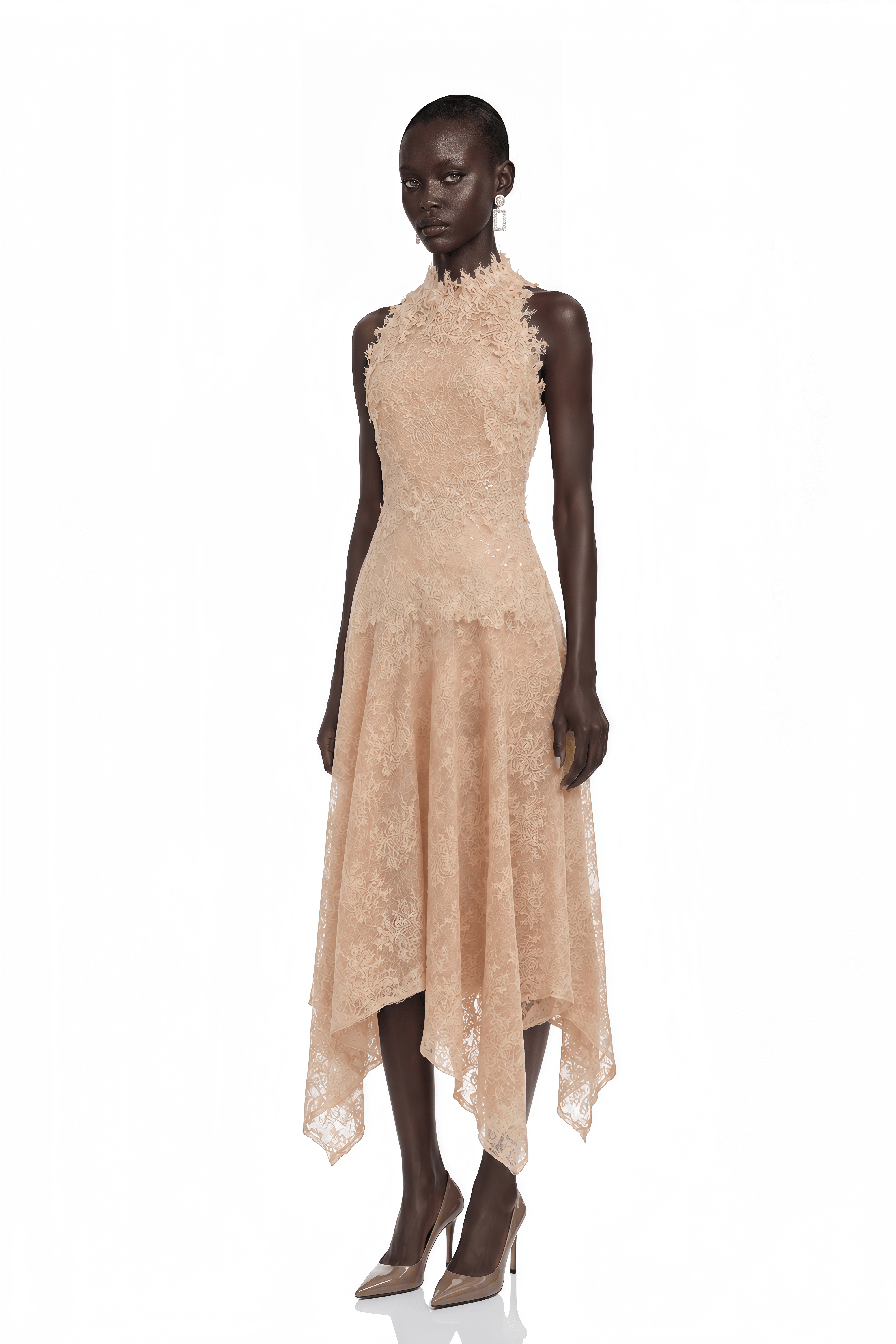 Benedetta Neutral Sleeveless Floral Embroidered Midi Dress