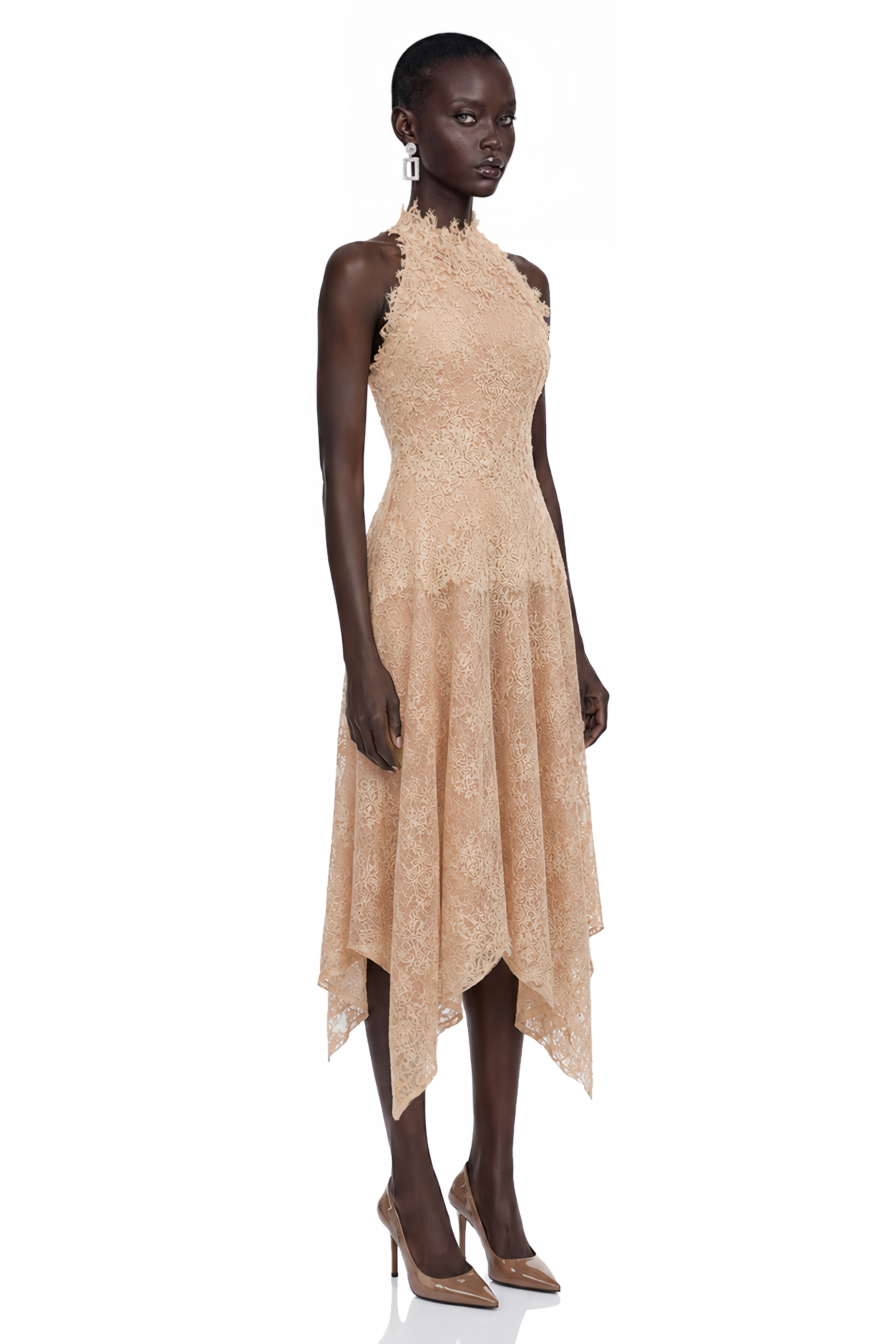 Benedetta Neutral Sleeveless Floral Embroidered Midi Dress