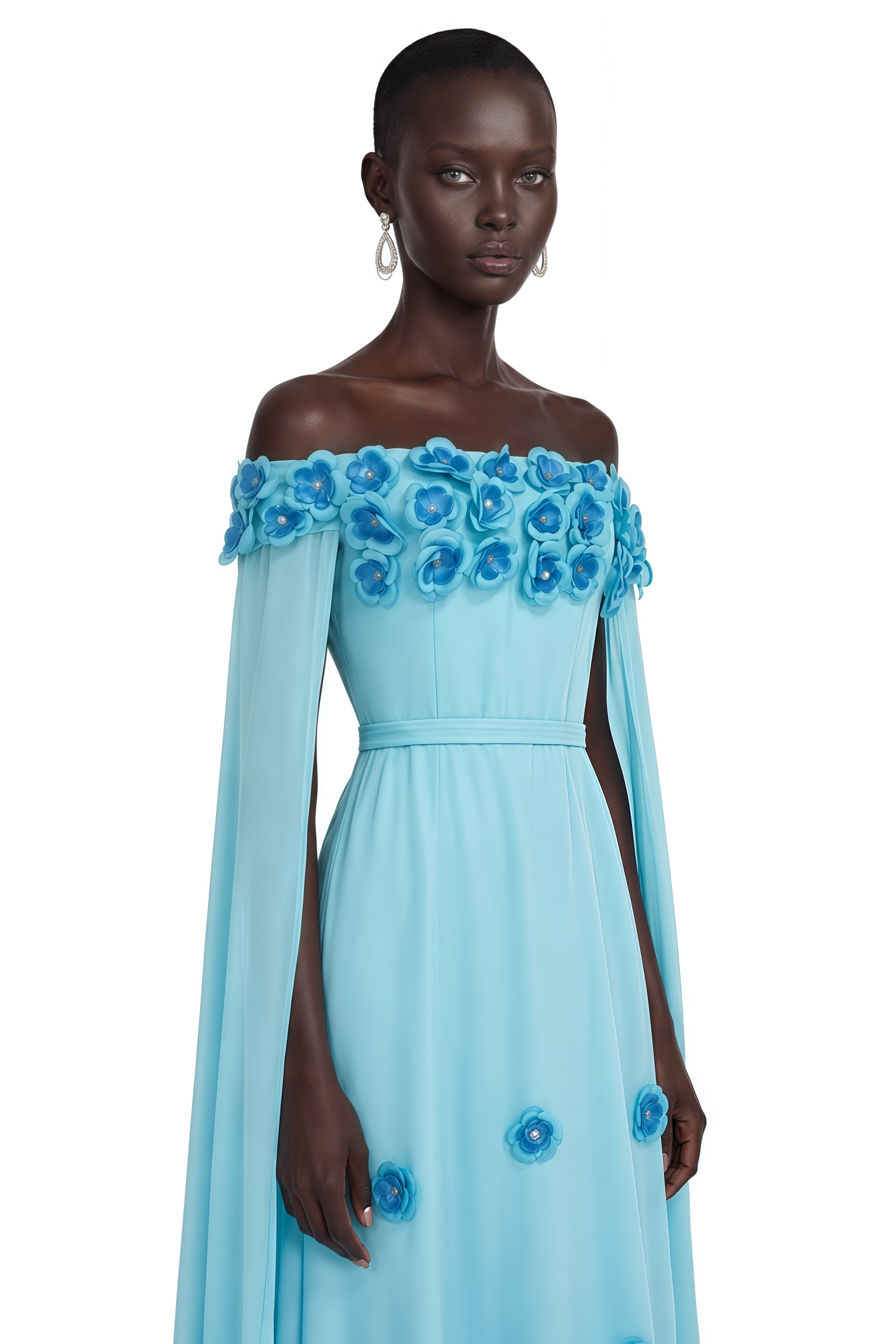 Benedetta Turquoise Off-Shoulder Floral Appliqué Maxi Dress