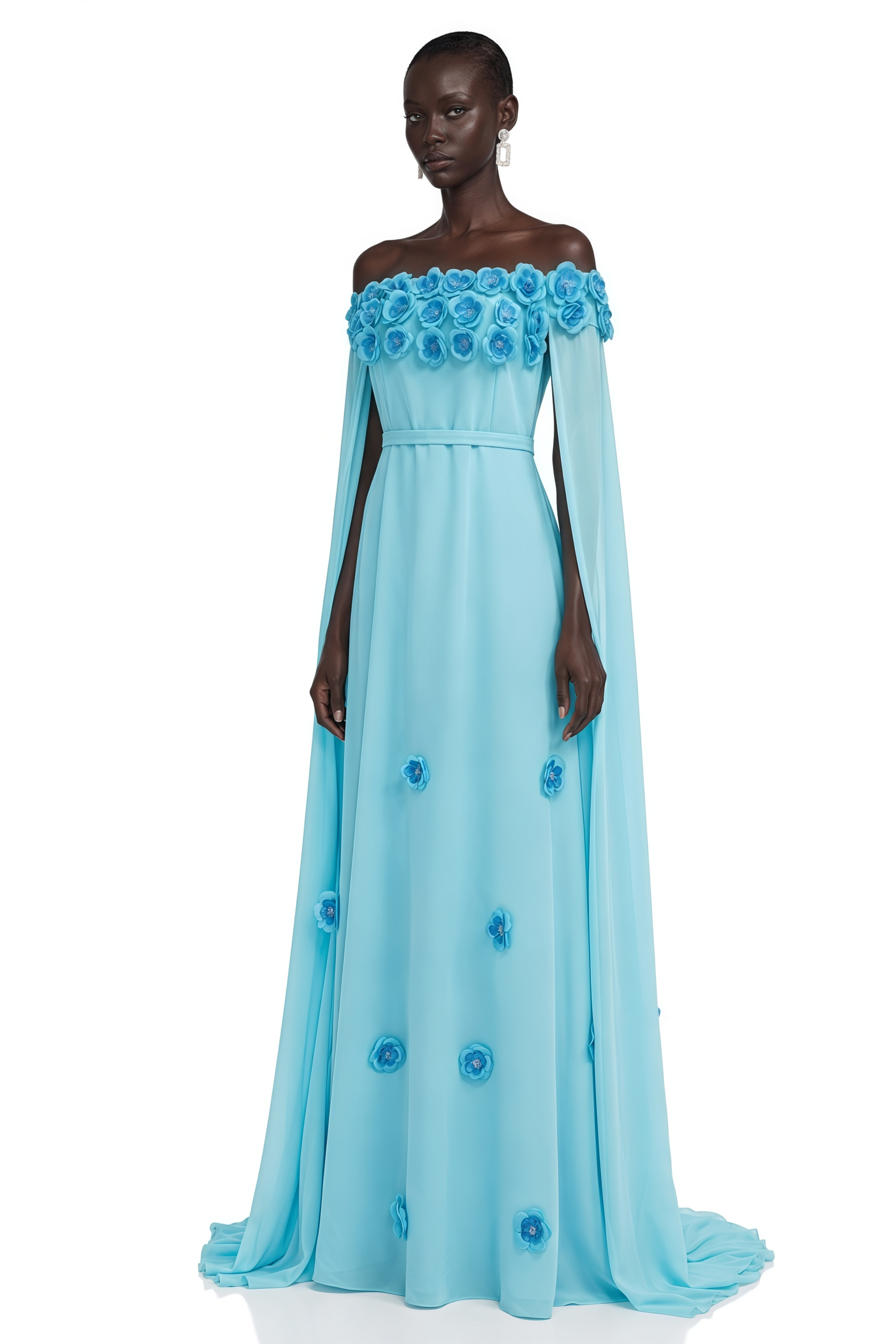 Benedetta Turquoise Off-Shoulder Floral Appliqué Maxi Dress