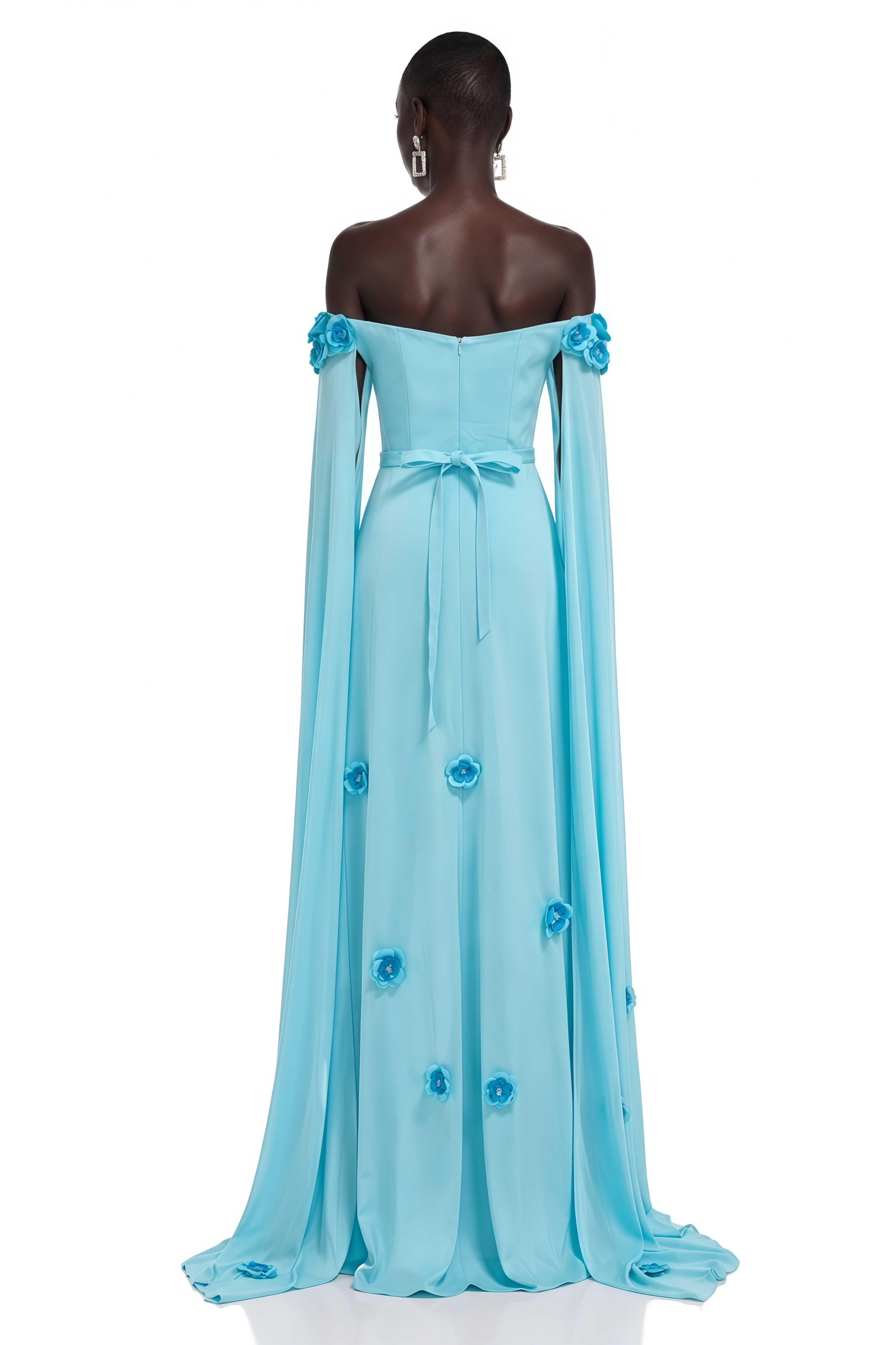 Benedetta Turquoise Off-Shoulder Floral Appliqué Maxi Dress