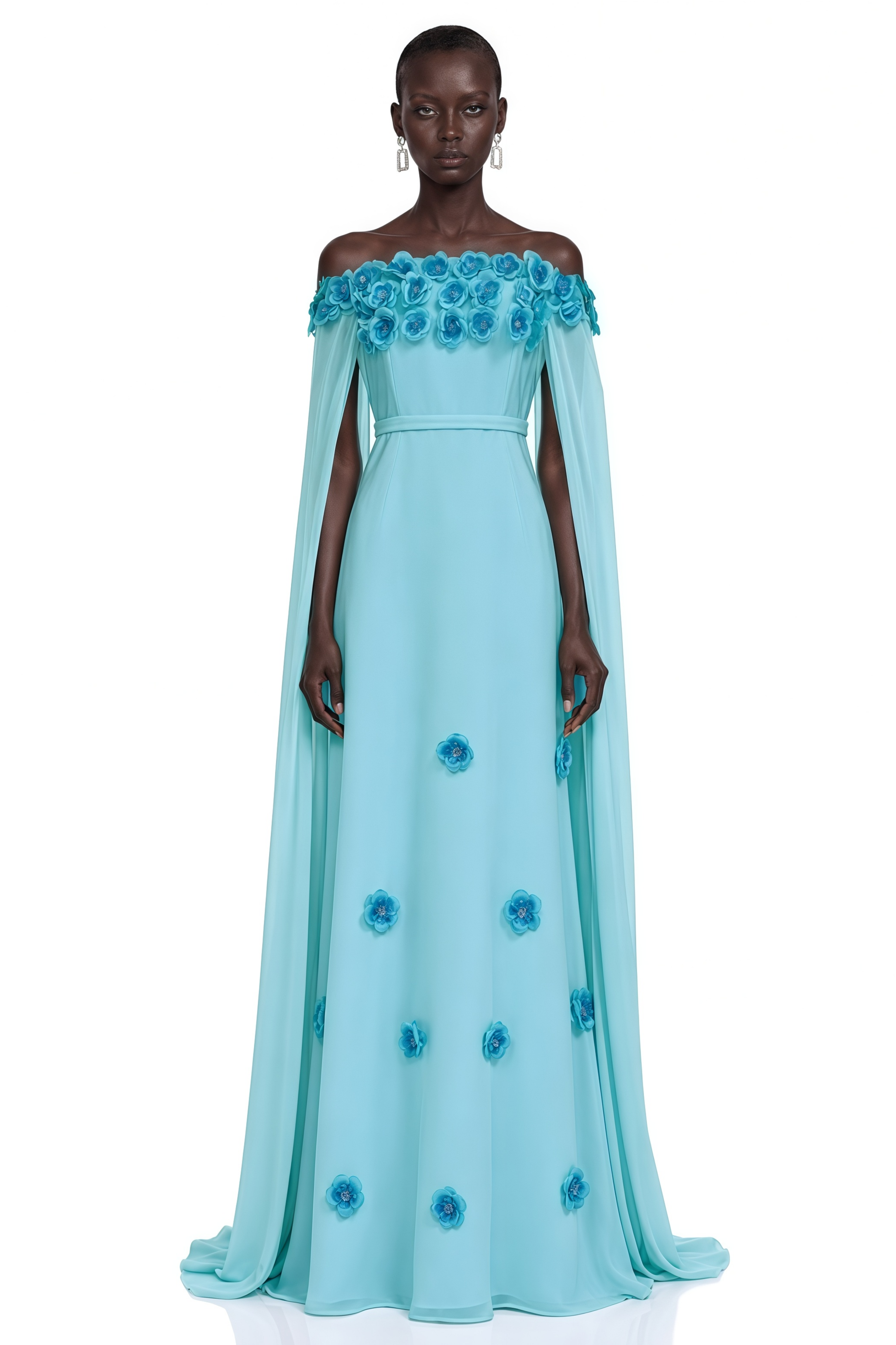 Benedetta Turquoise Off-Shoulder Floral Appliqué Maxi Dress