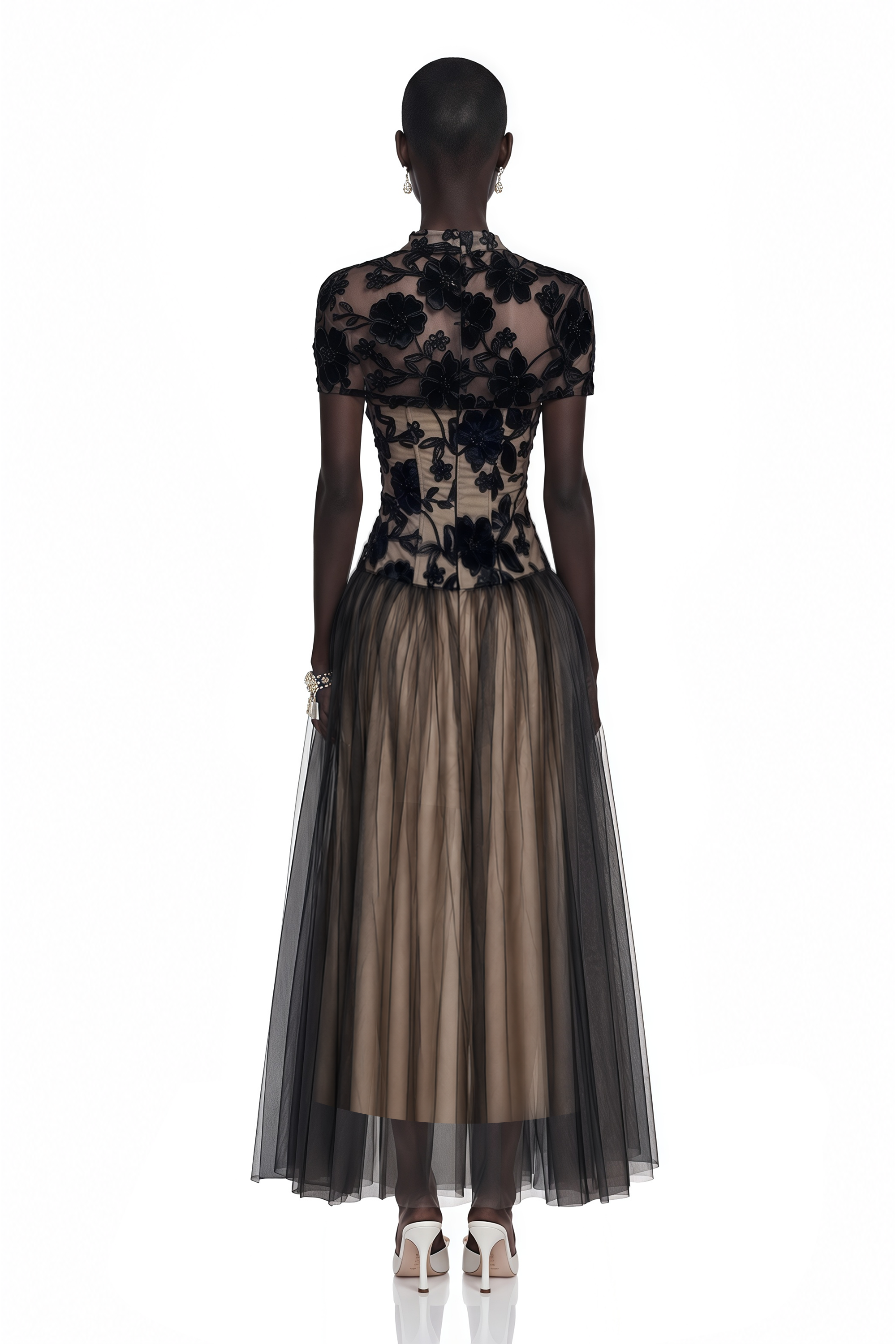 Black floral embroidered high-neck dress with a sheer tulle skirt