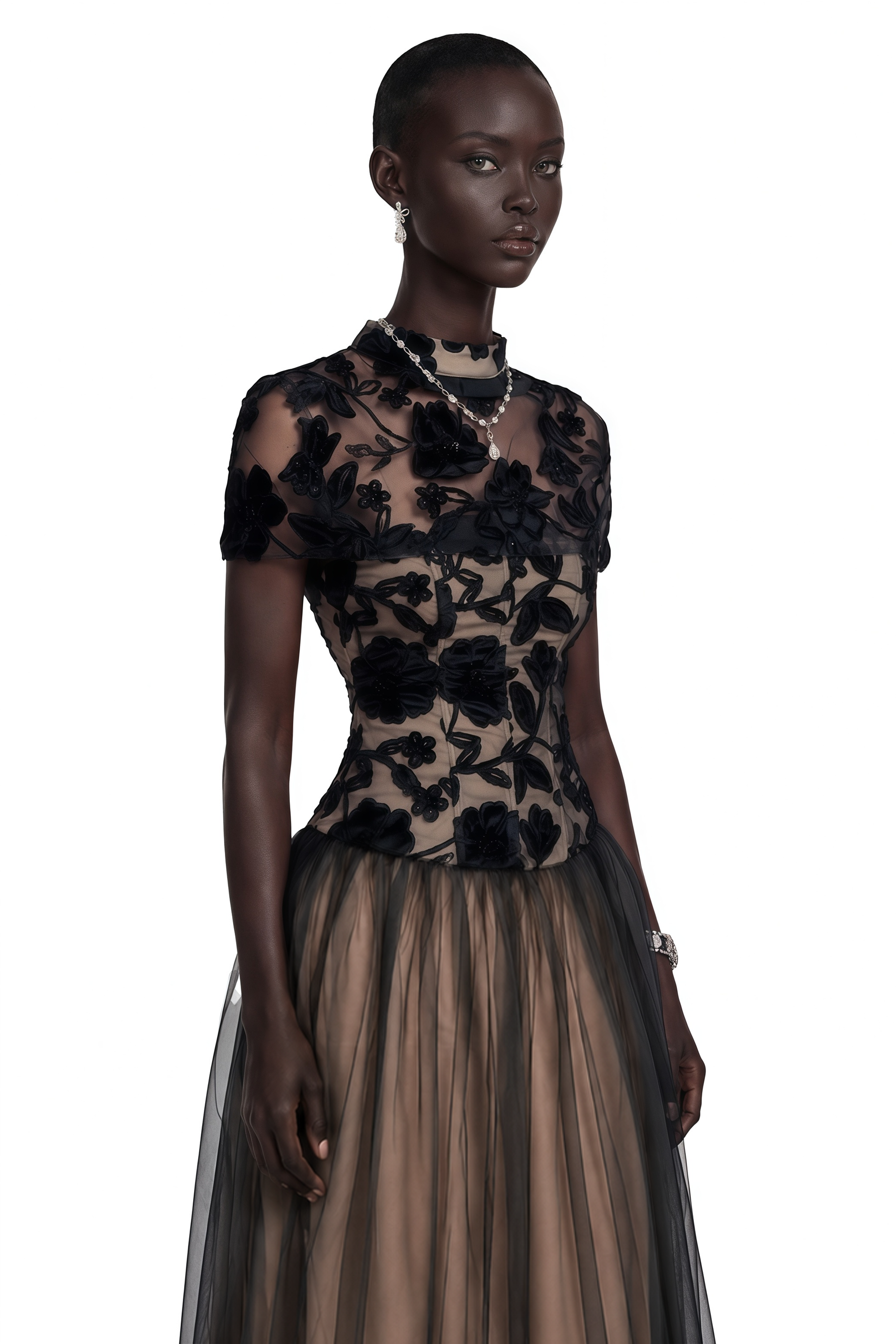 Black floral embroidered high-neck dress with a sheer tulle skirt