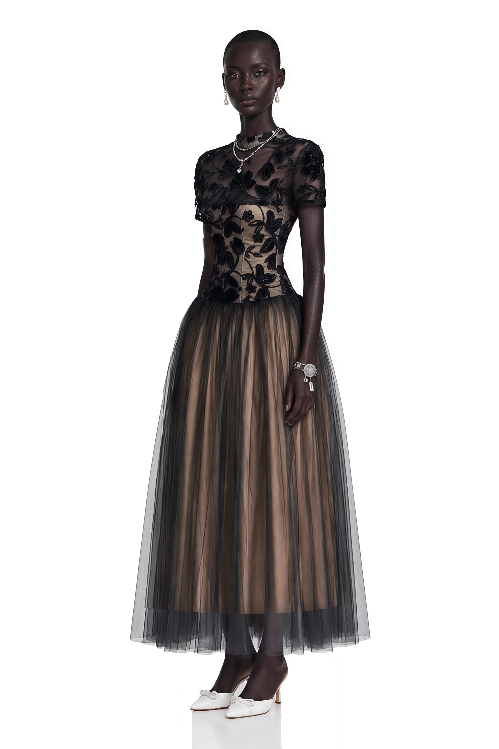 Black floral embroidered high-neck dress with a sheer tulle skirt