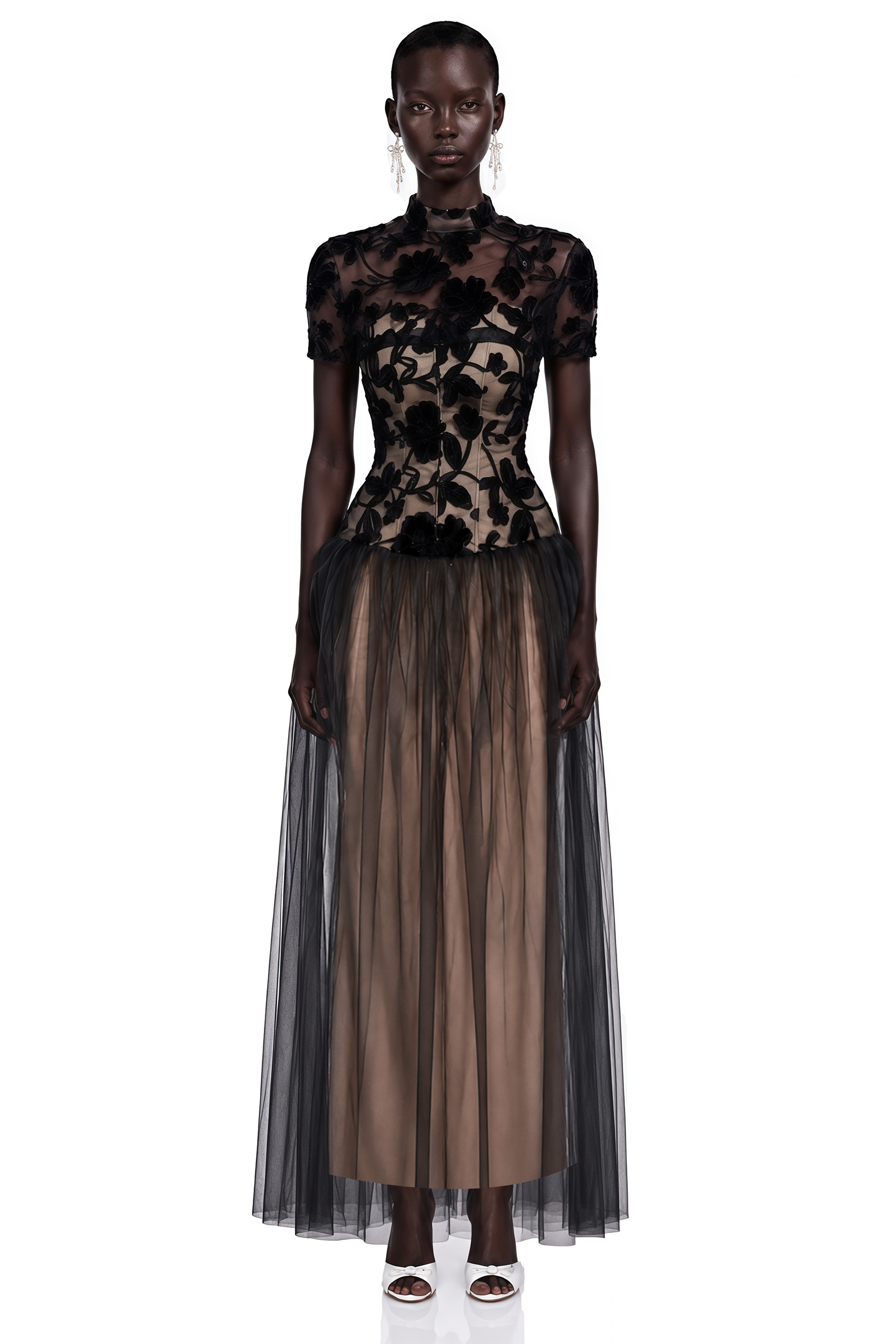 Black floral embroidered high-neck dress with a sheer tulle skirt
