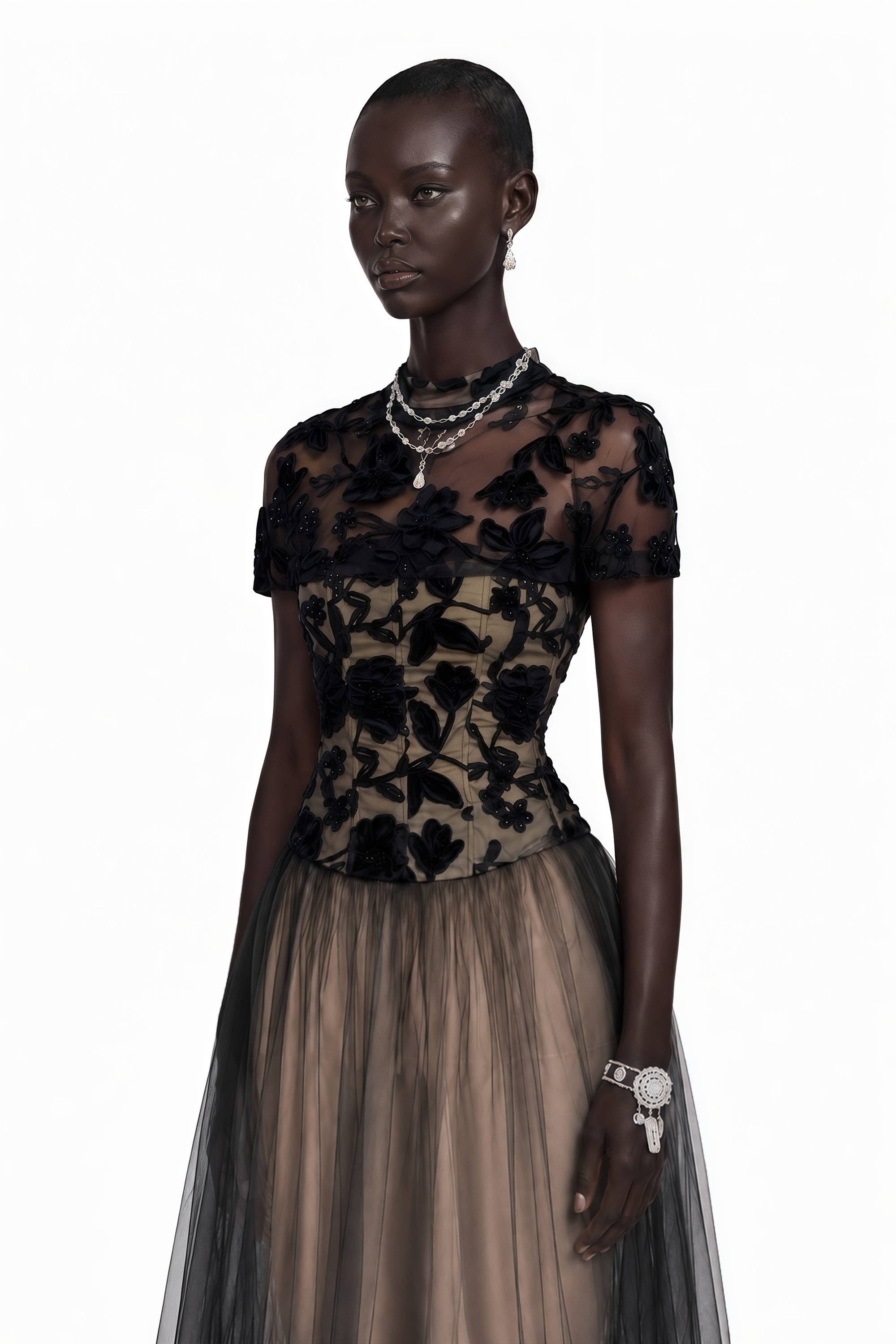 Black floral embroidered high-neck dress with a sheer tulle skirt