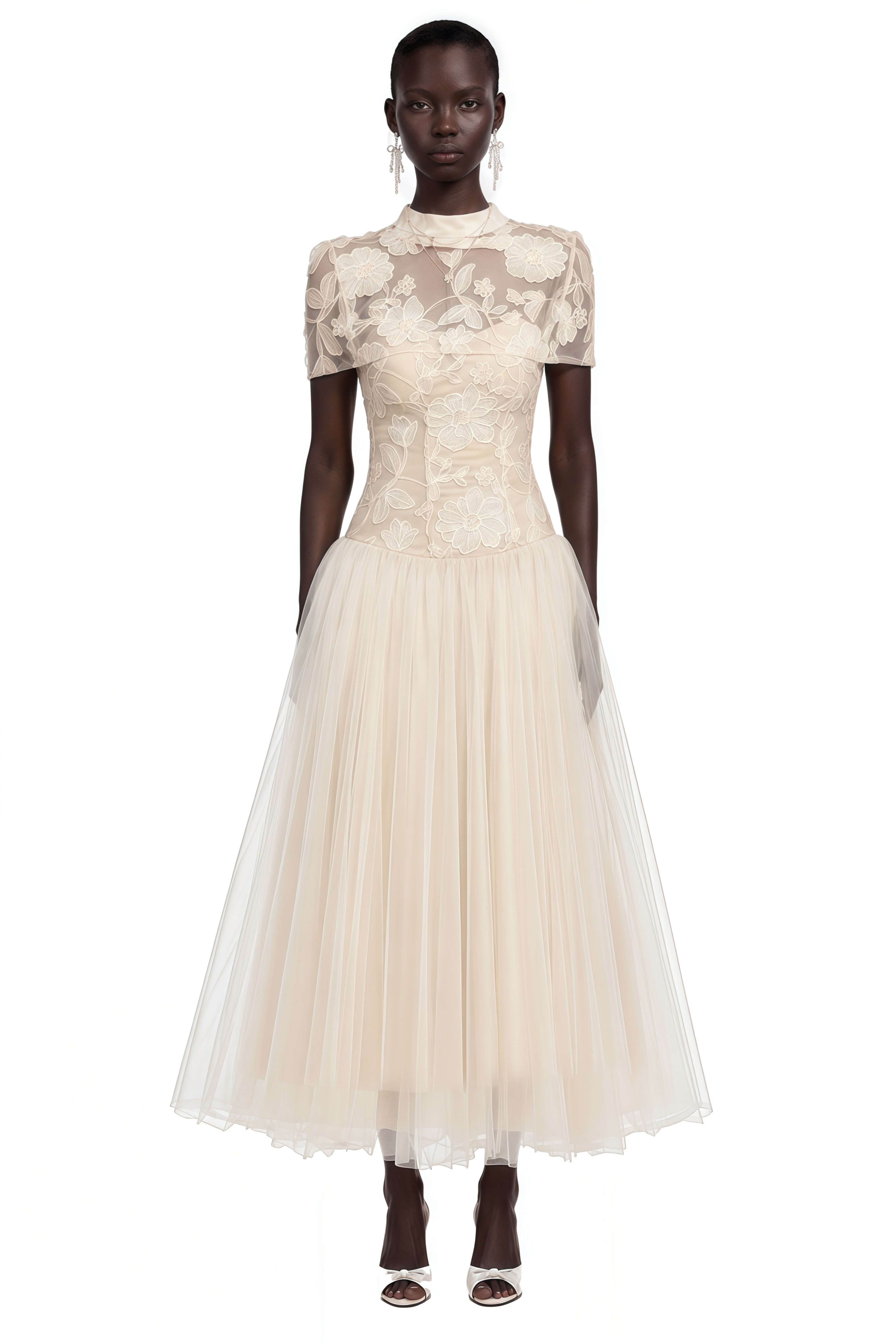 Off-white floral embroidered high-neck dress with a sheer tulle skirt