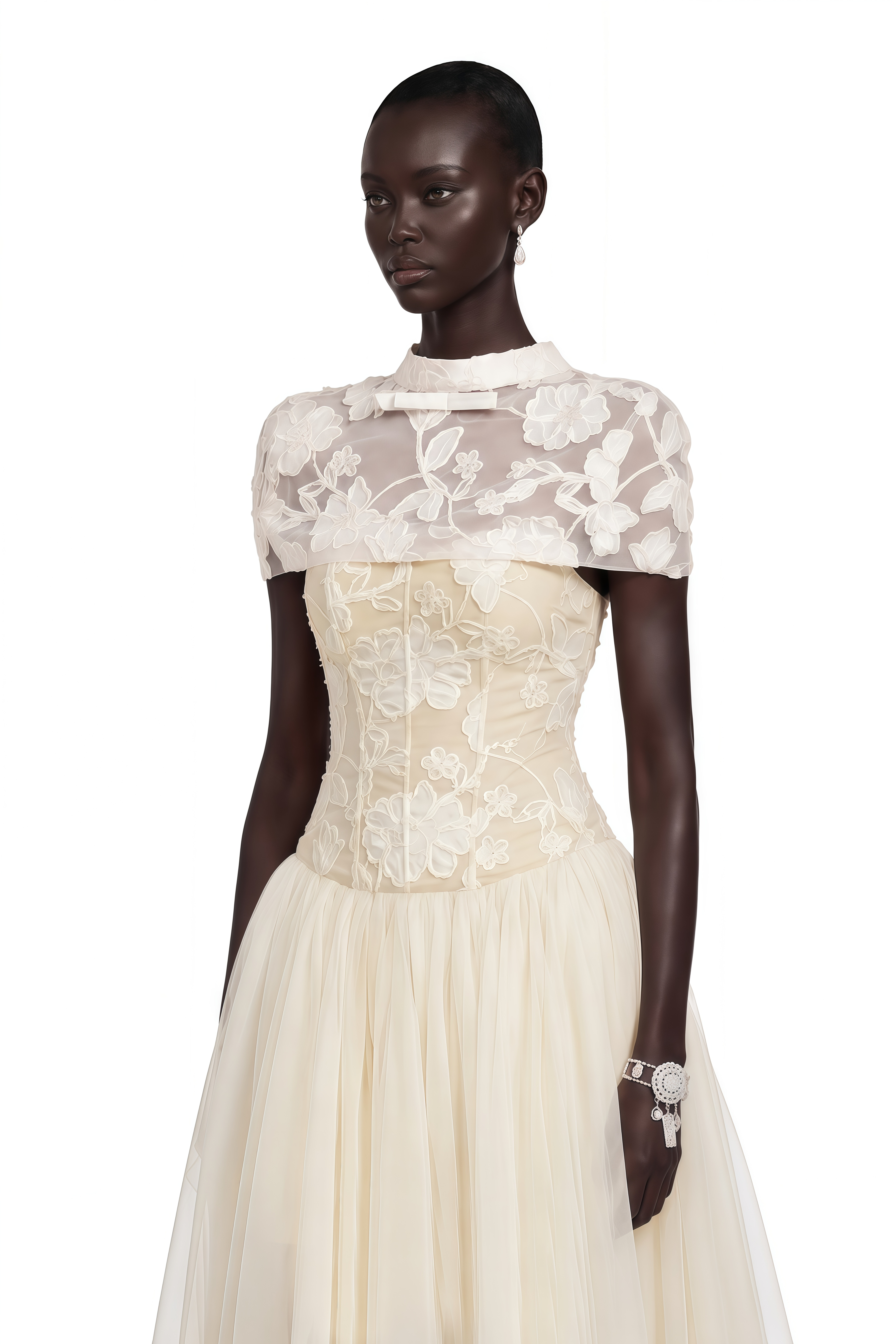 Off-white floral embroidered high-neck dress with a sheer tulle skirt