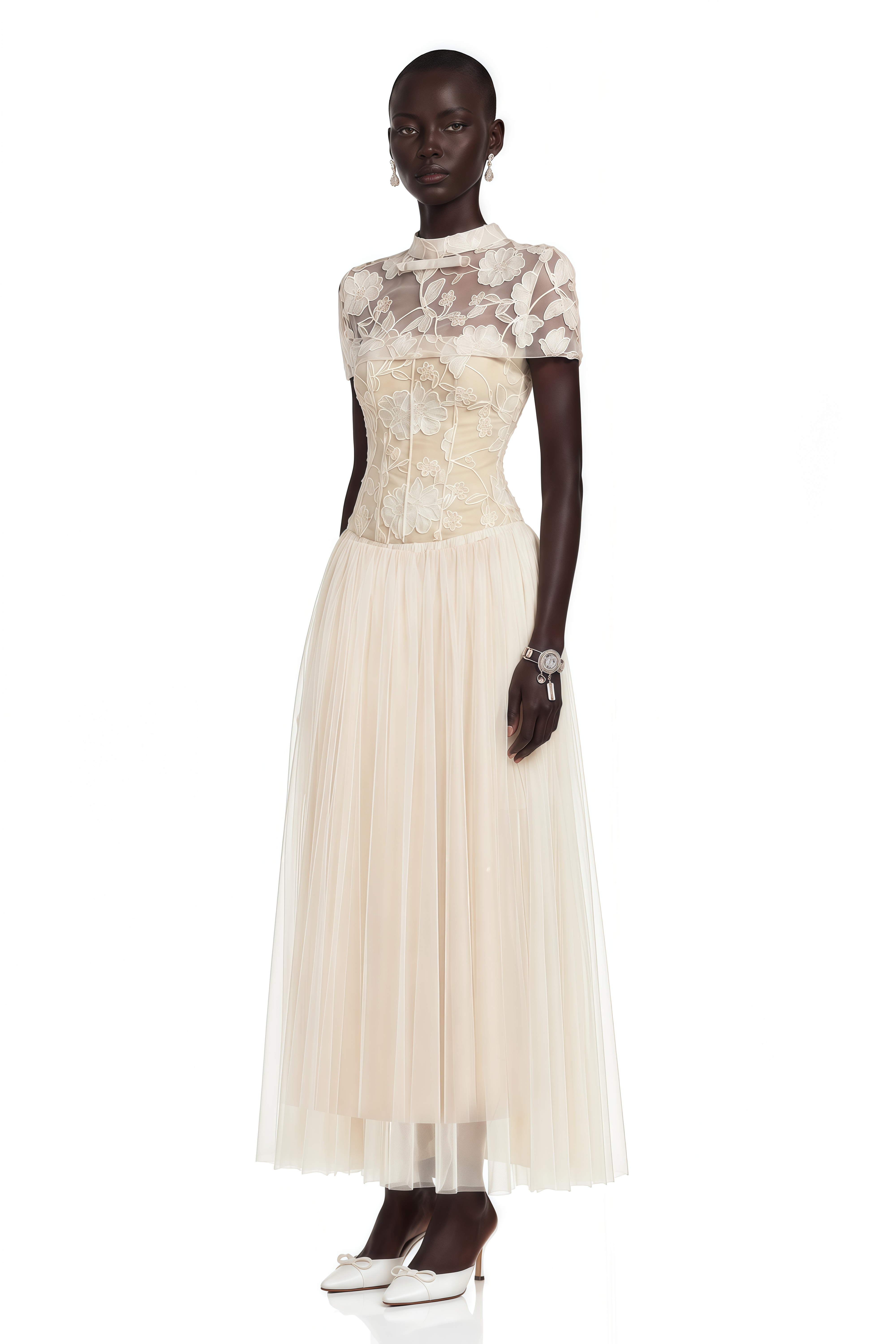 Off-white floral embroidered high-neck dress with a sheer tulle skirt