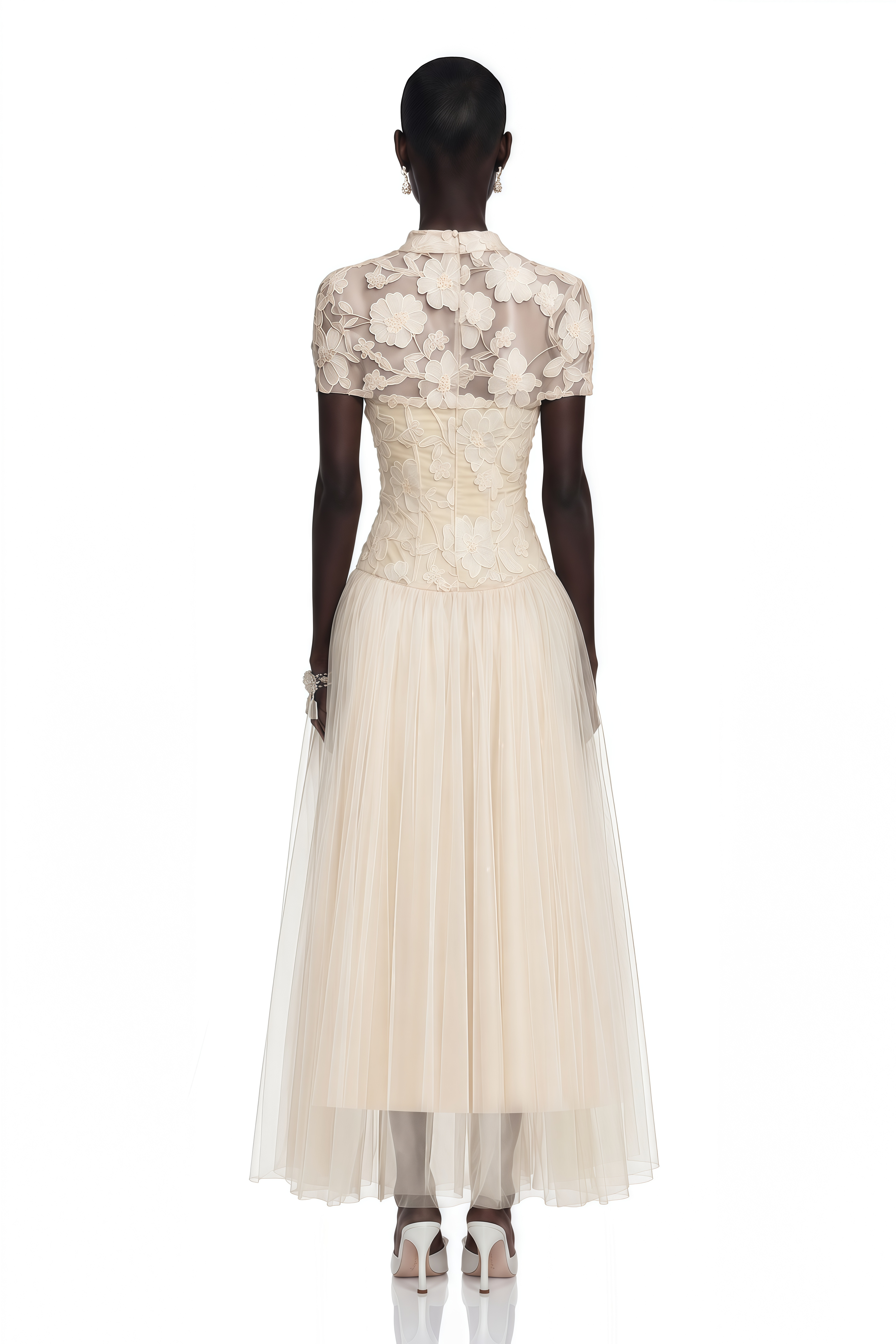 Off-white floral embroidered high-neck dress with a sheer tulle skirt