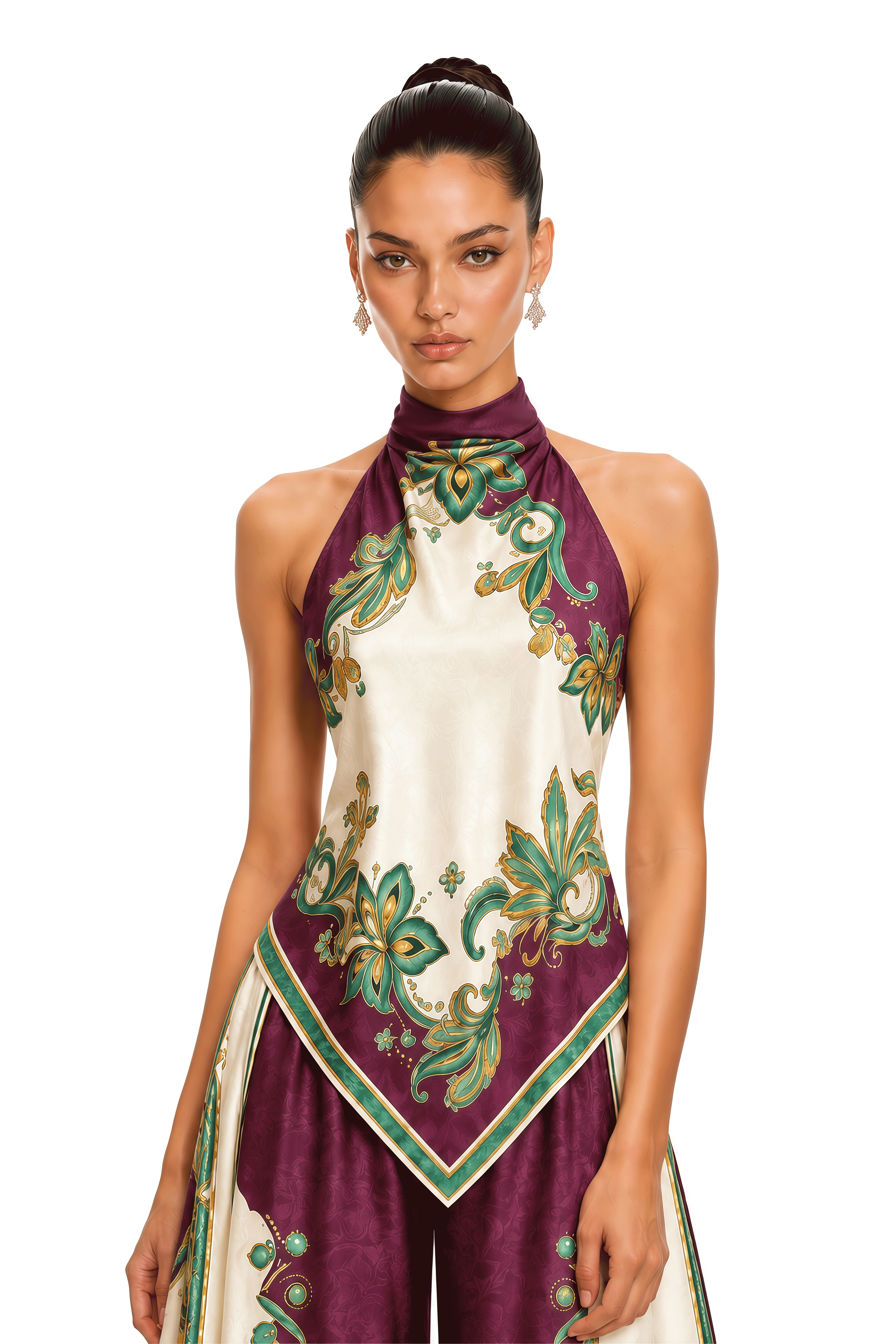 Betsy Purple Floral Print Halter Top & Wide Leg Trousers Set