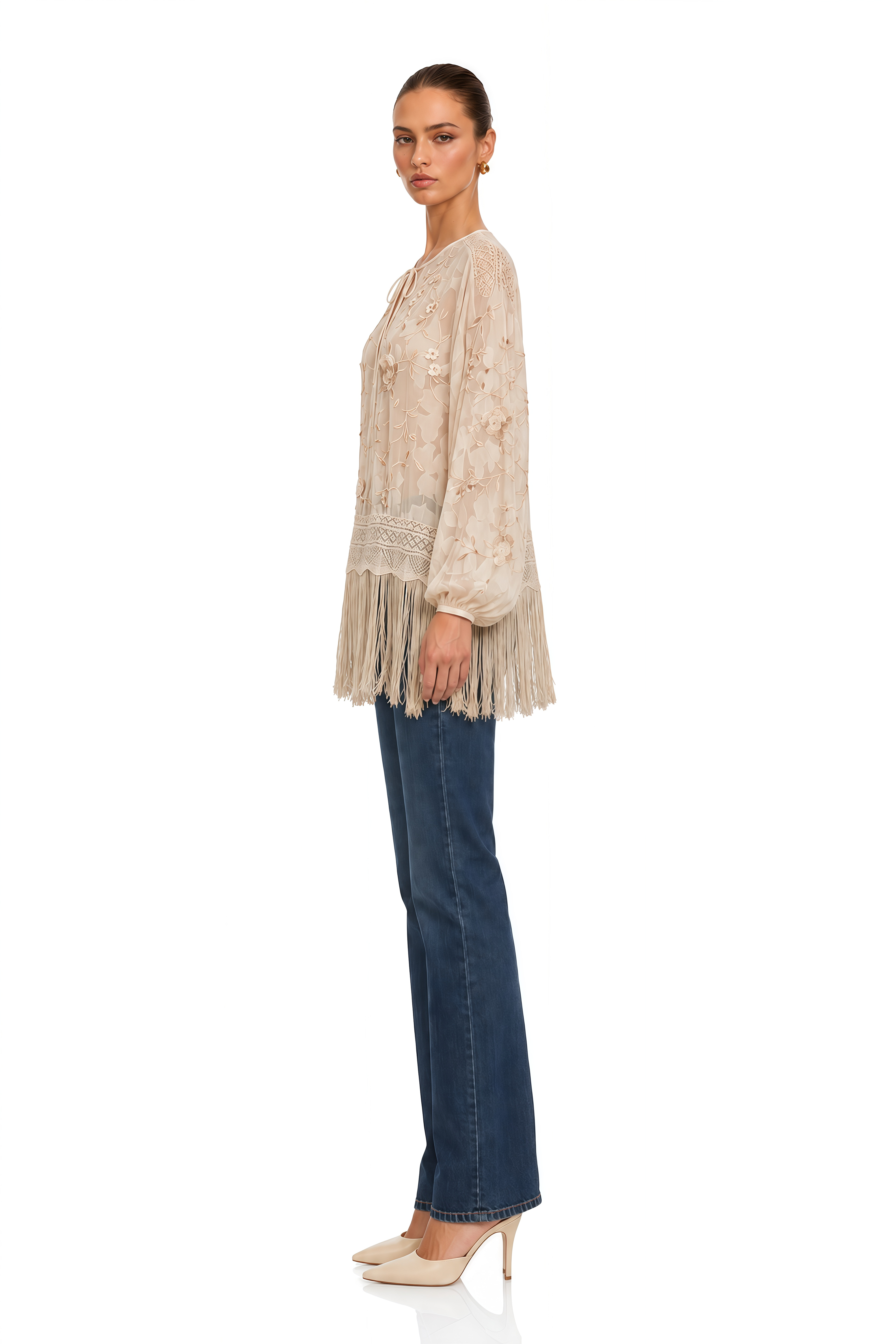 Bettina Neutral Lace Plunge Neck Fringe Blouse