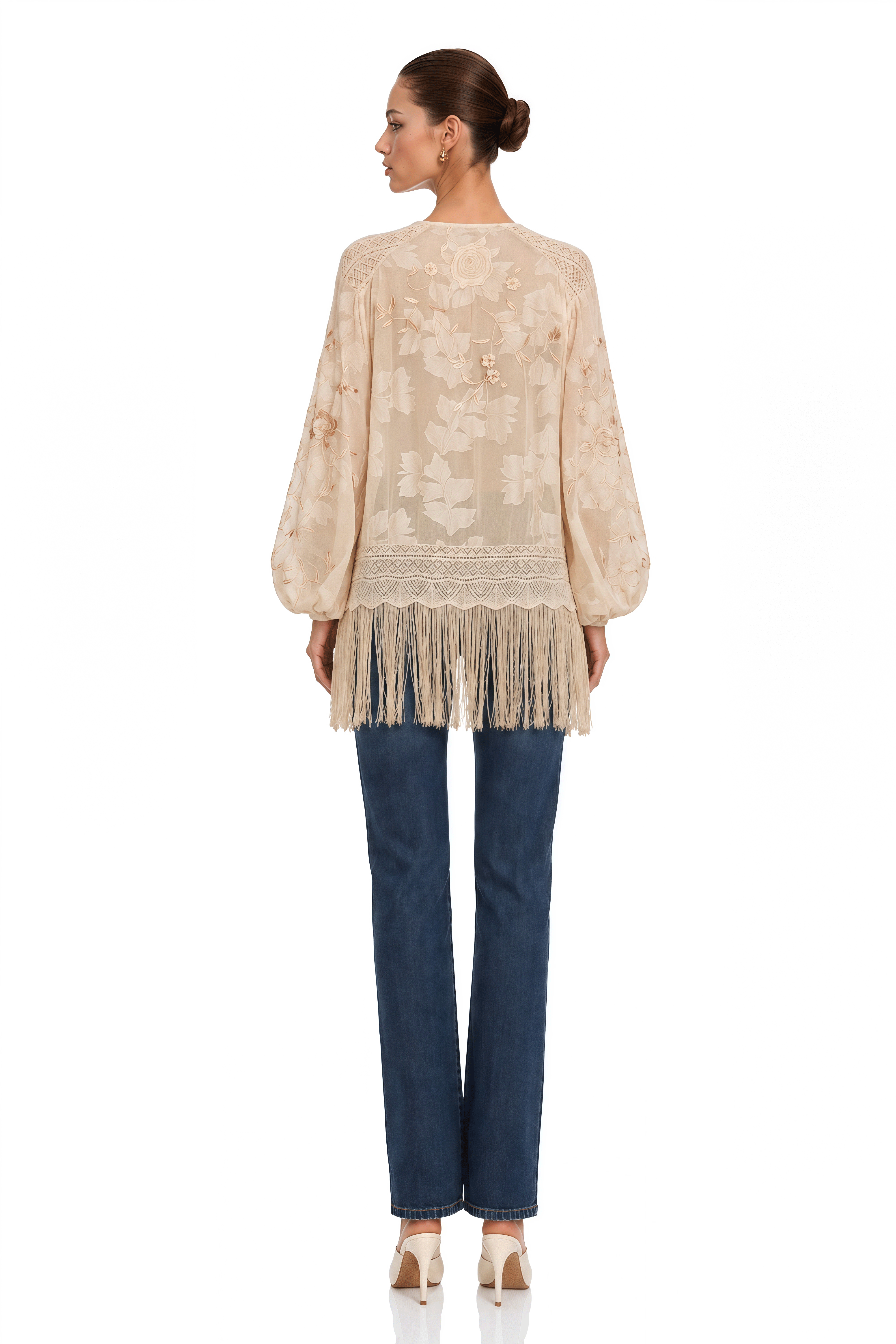 Bettina Neutral Lace Plunge Neck Fringe Blouse