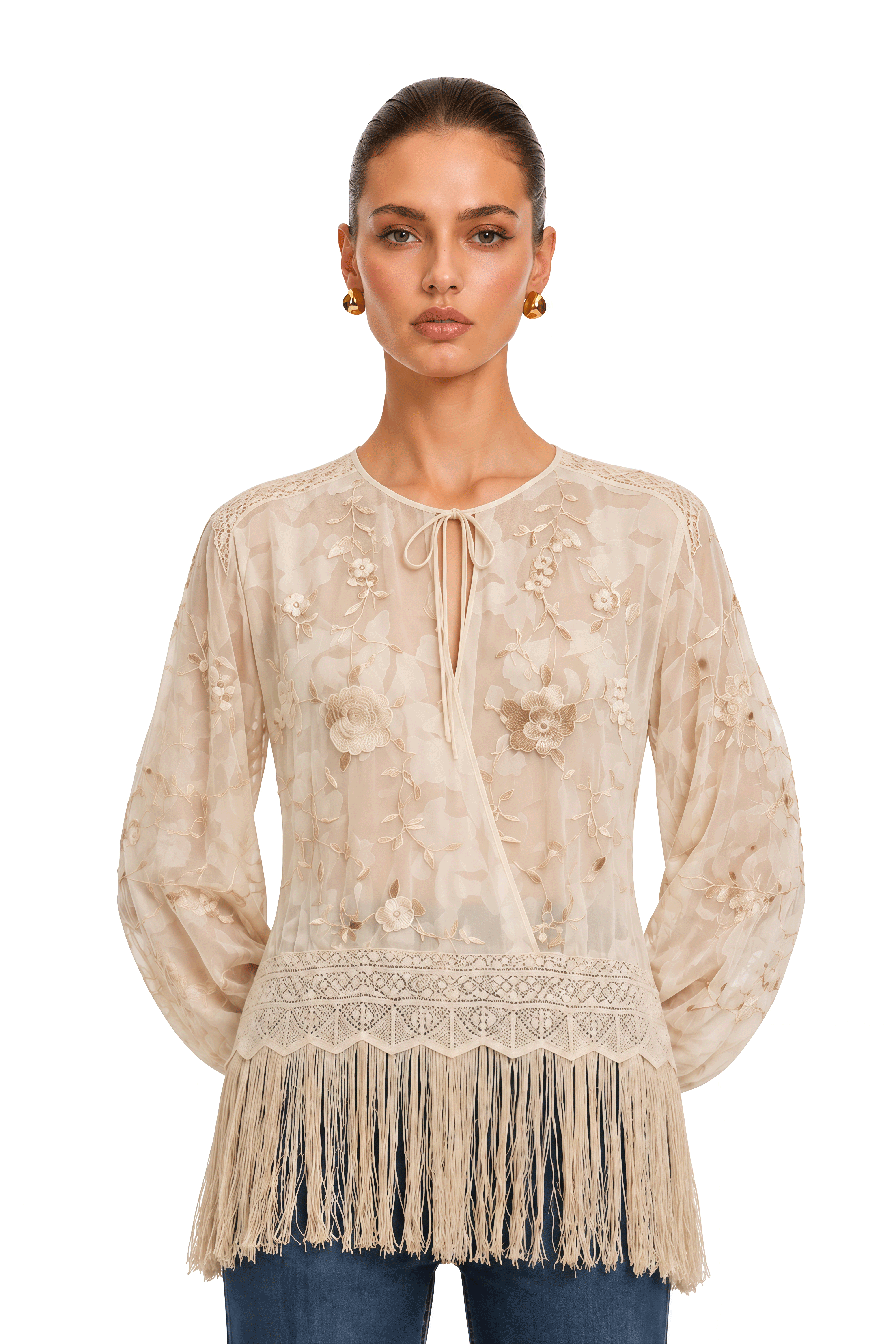 Bettina Neutral Lace Plunge Neck Fringe Blouse