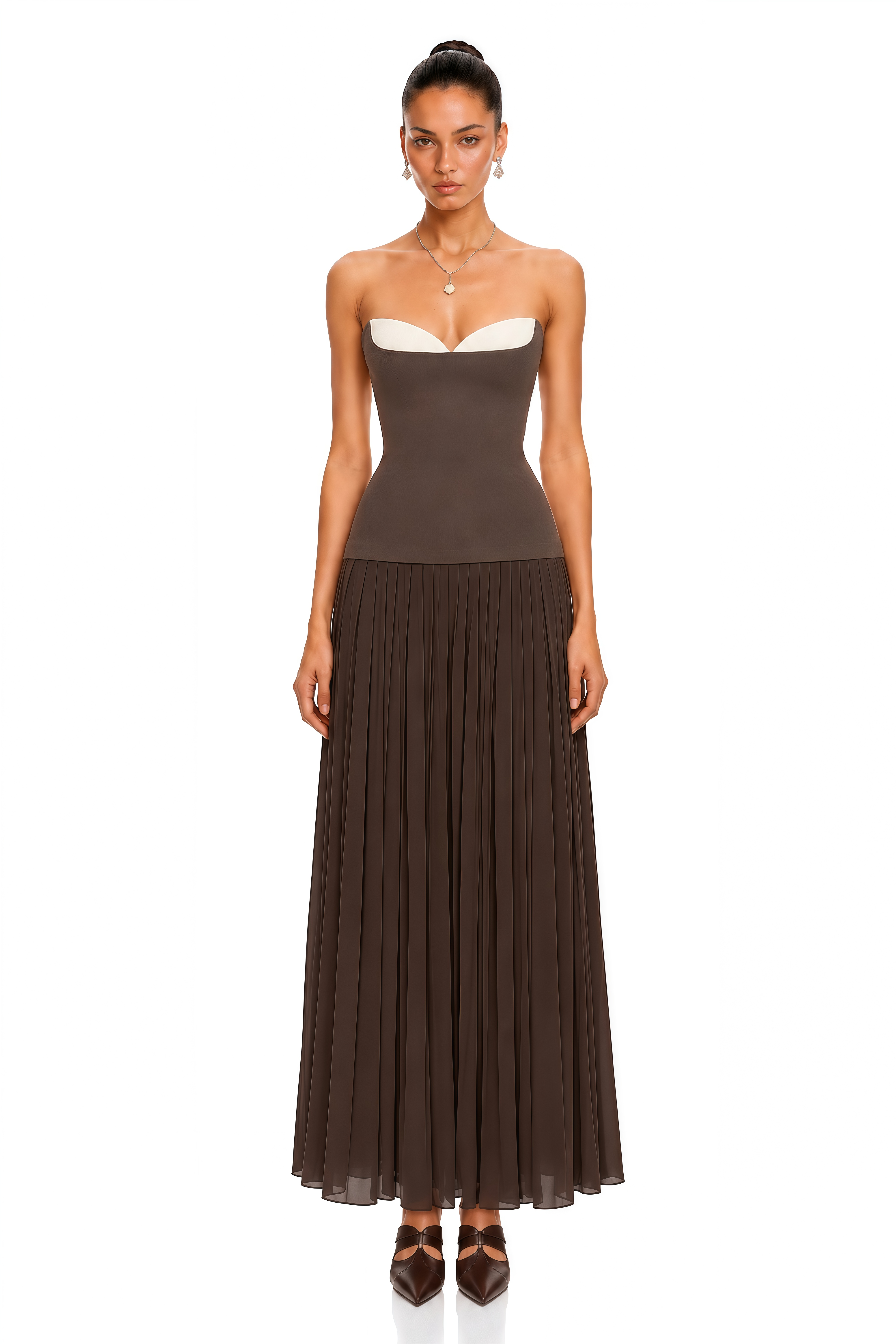 Bianca Brown Strapless Pleated Maxi Dress