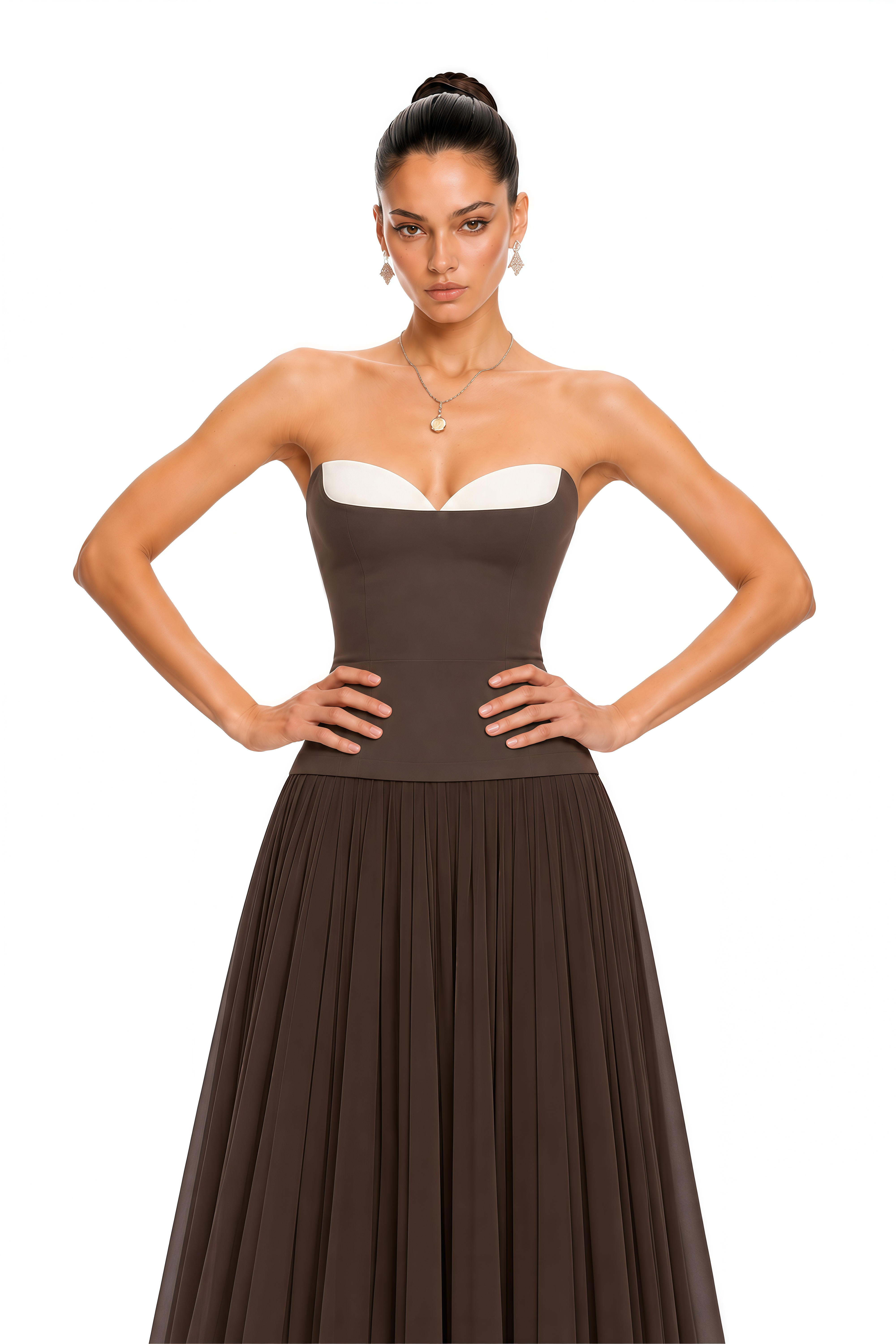 Bianca Brown Strapless Pleated Maxi Dress