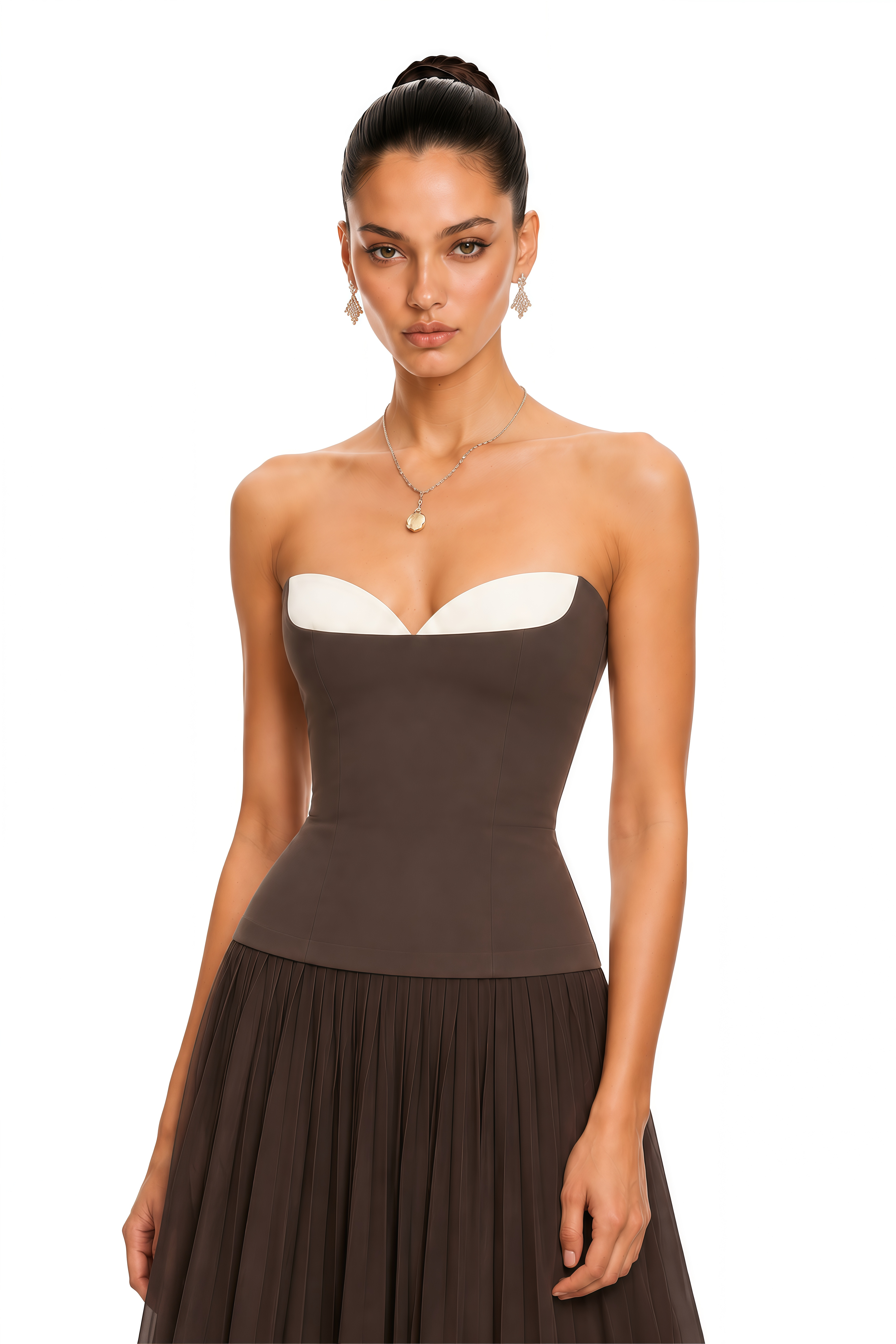 Bianca Brown Strapless Pleated Maxi Dress