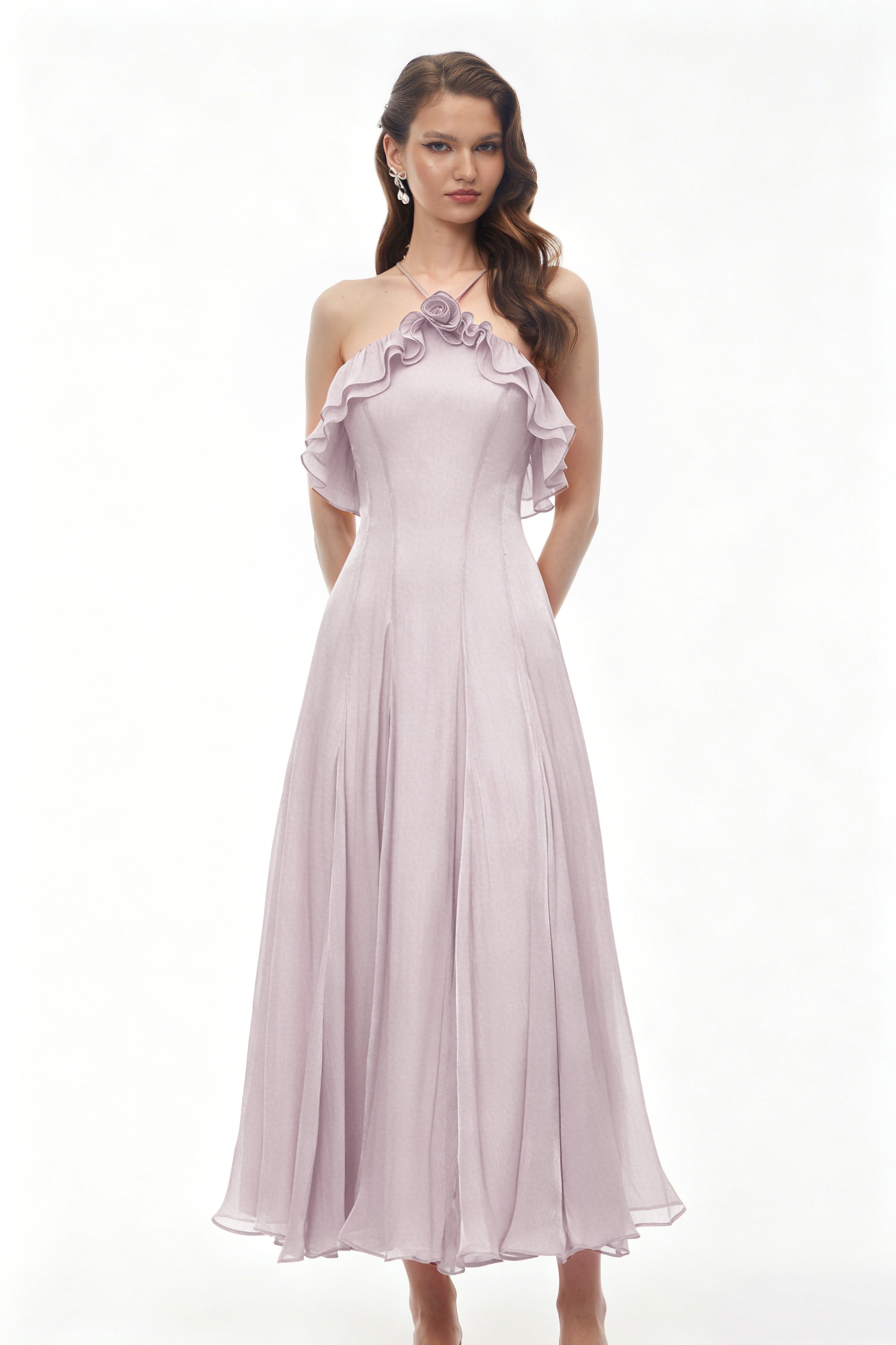 Lilac halter midi dress with ruffled neckline and 3D floral detail