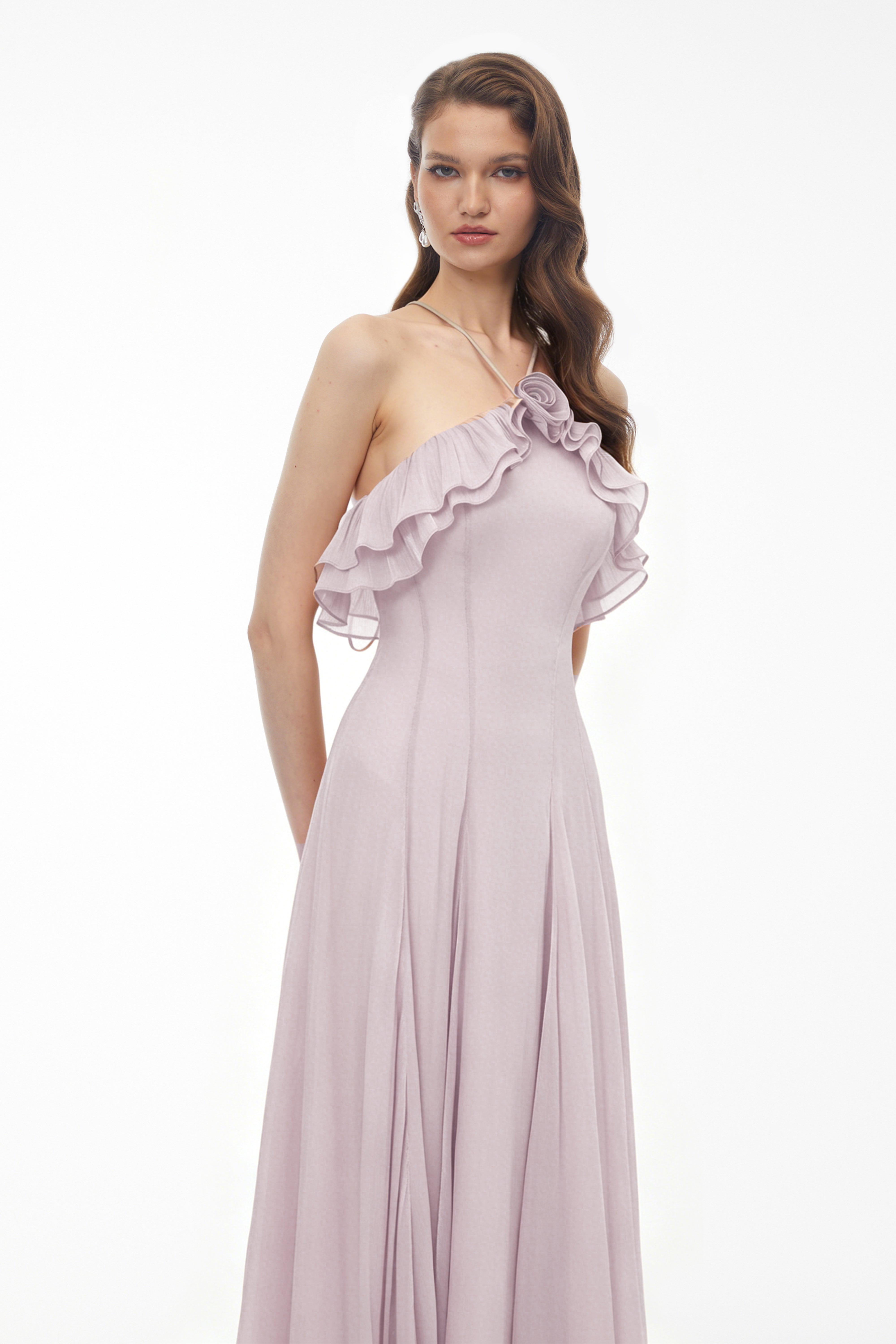 Lilac halter midi dress with ruffled neckline and 3D floral detail