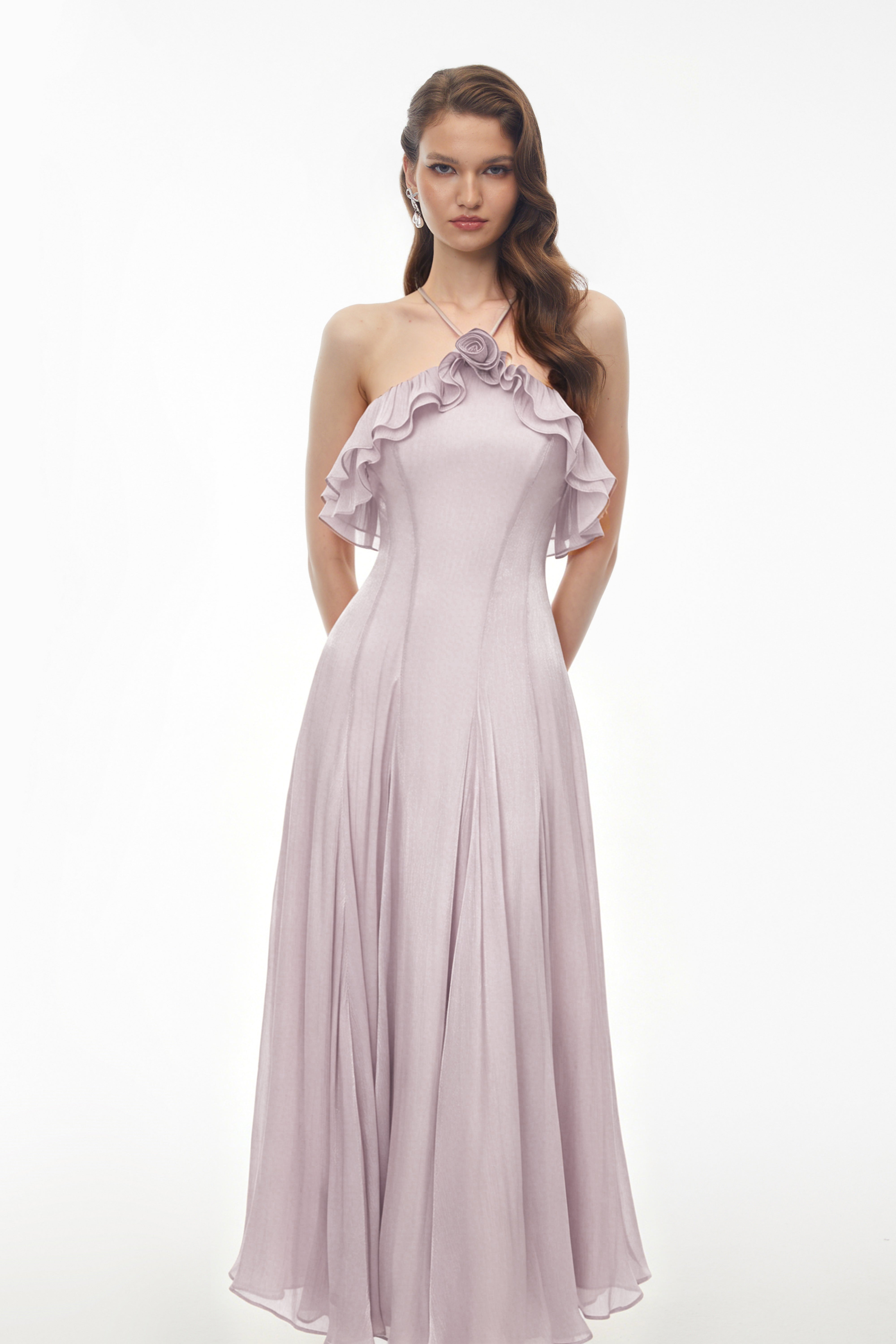 Lilac halter midi dress with ruffled neckline and 3D floral detail