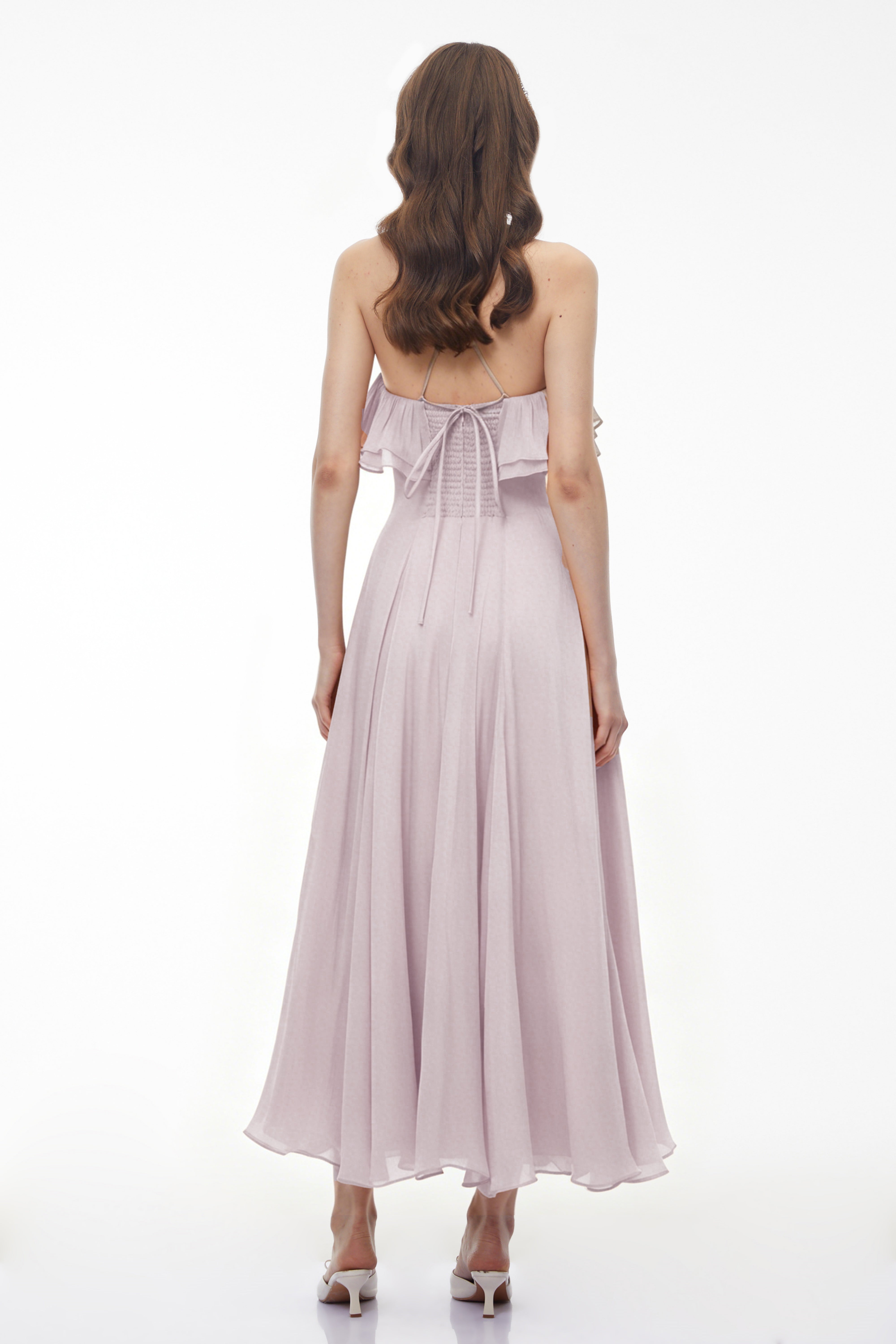 Lilac halter midi dress with ruffled neckline and 3D floral detail