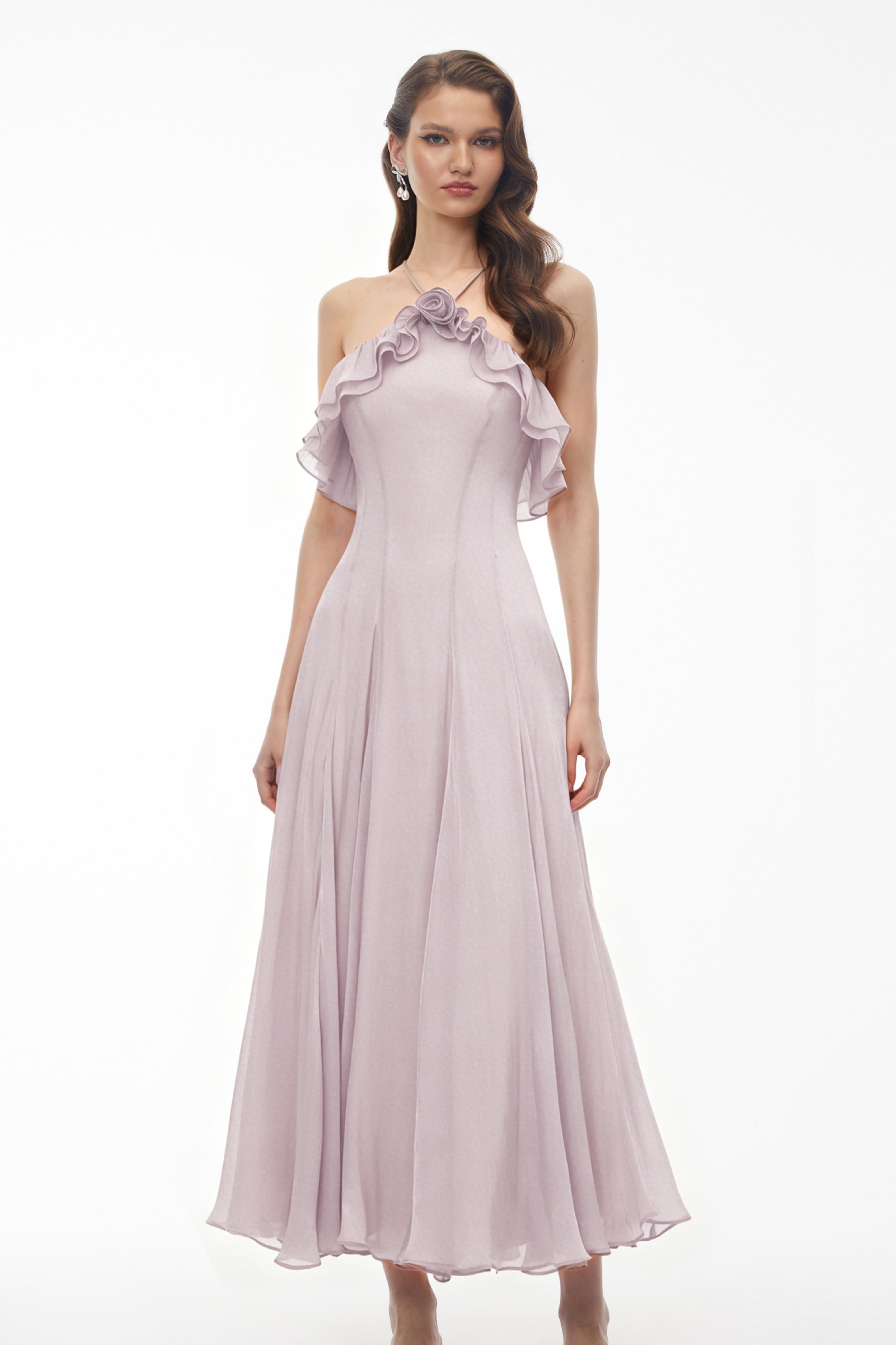 Lilac halter midi dress with ruffled neckline and 3D floral detail
