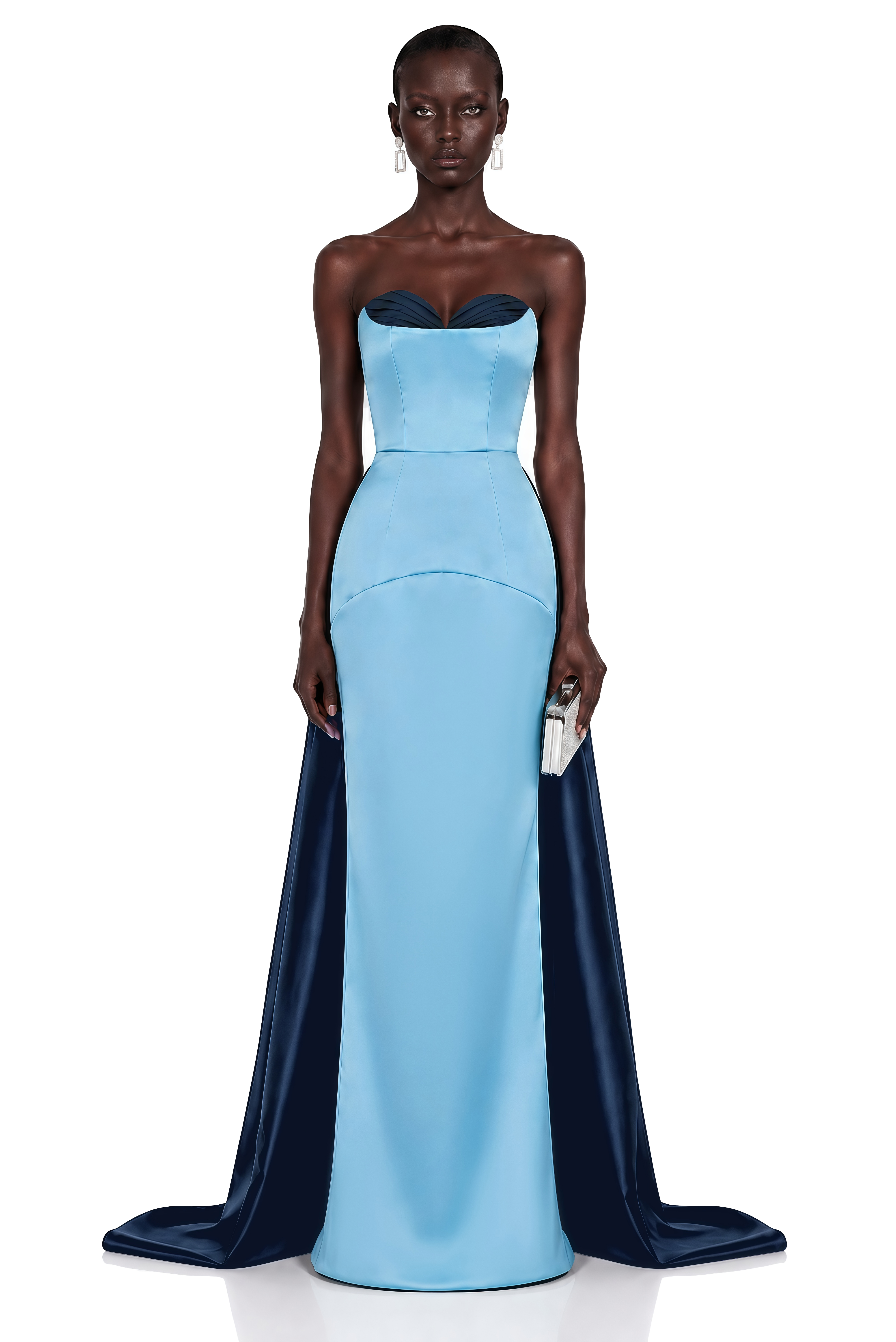 Light blue strapless gown with a contrasting navy bust and train