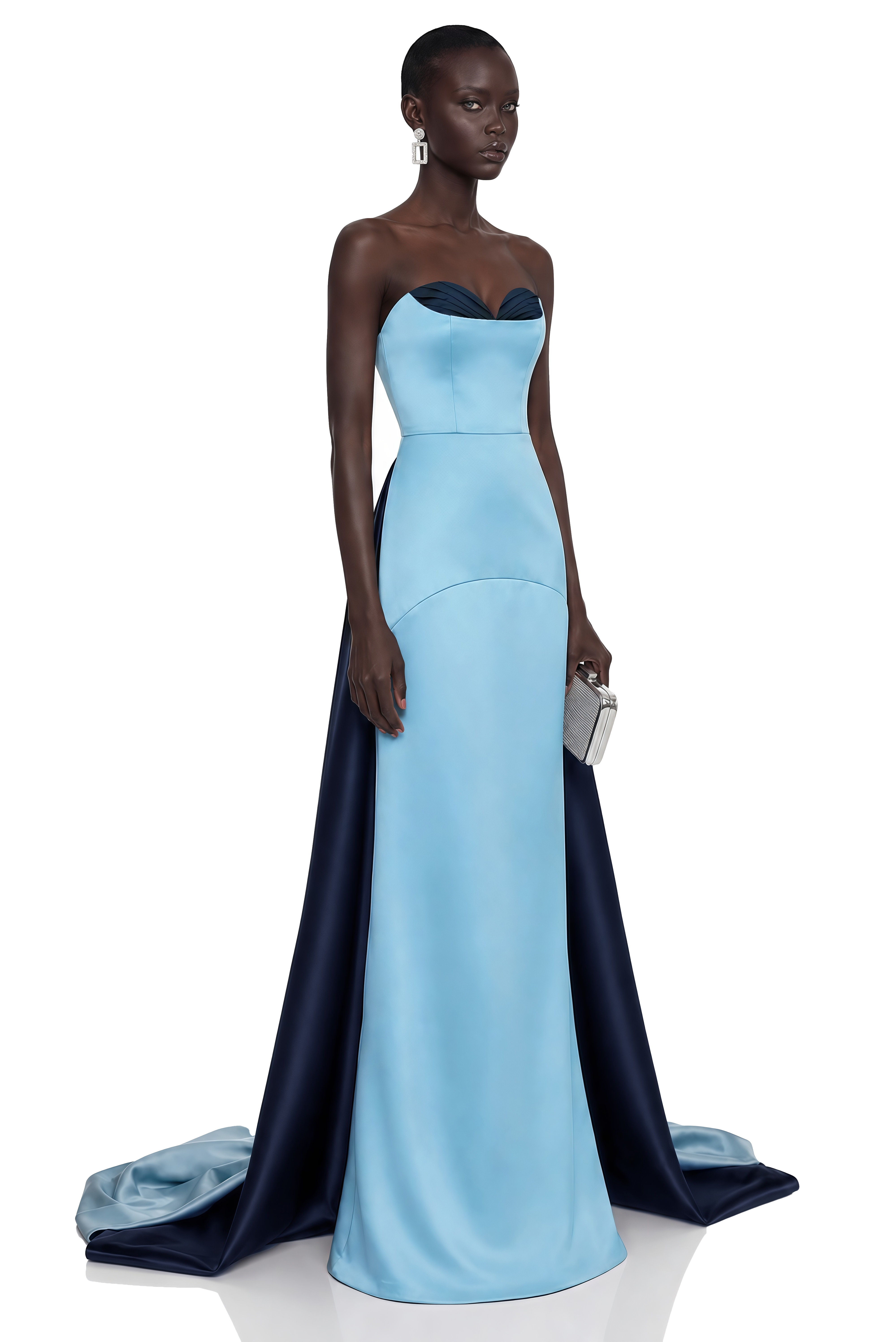 Light blue strapless gown with a contrasting navy bust and train