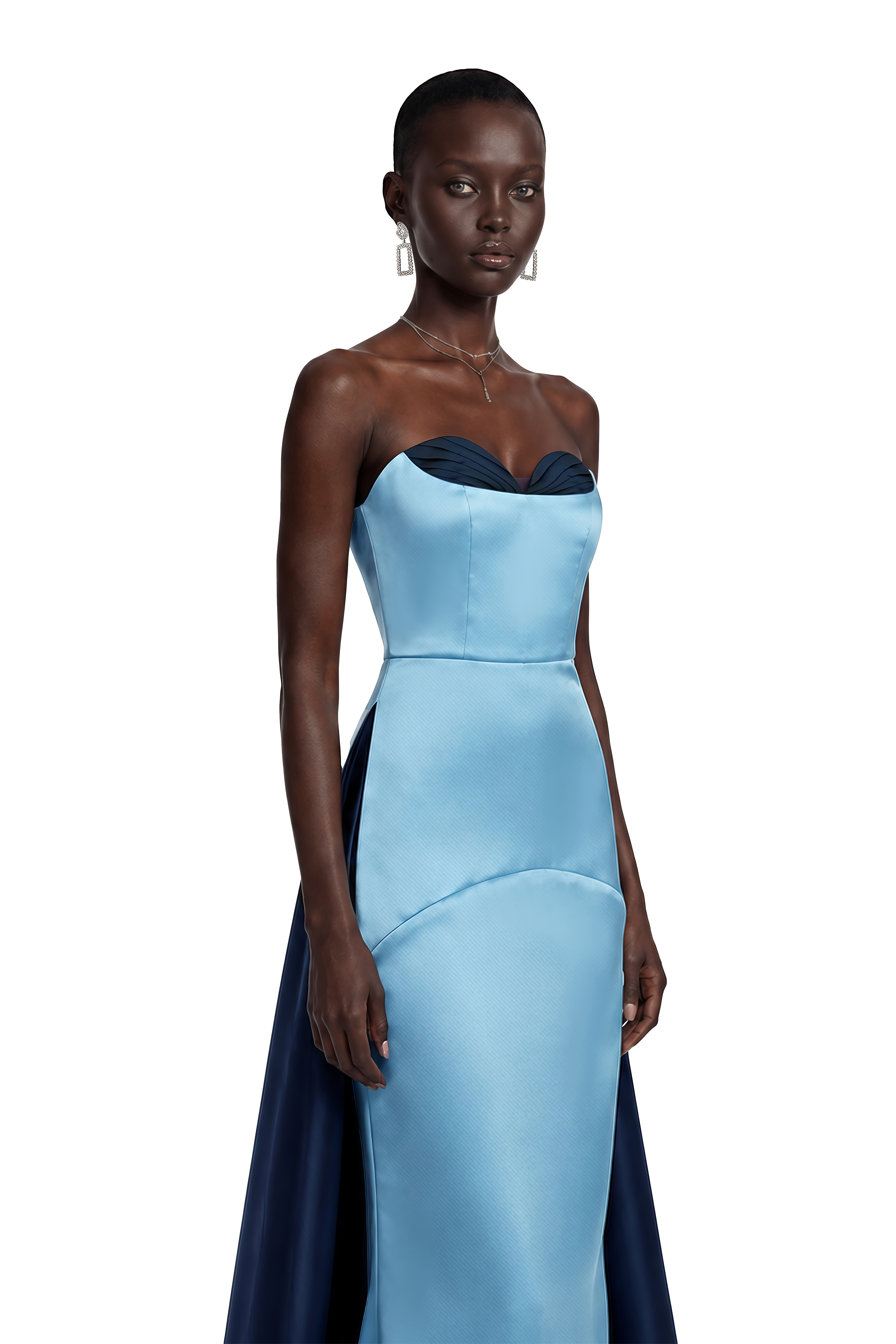 Light blue strapless gown with a contrasting navy bust and train