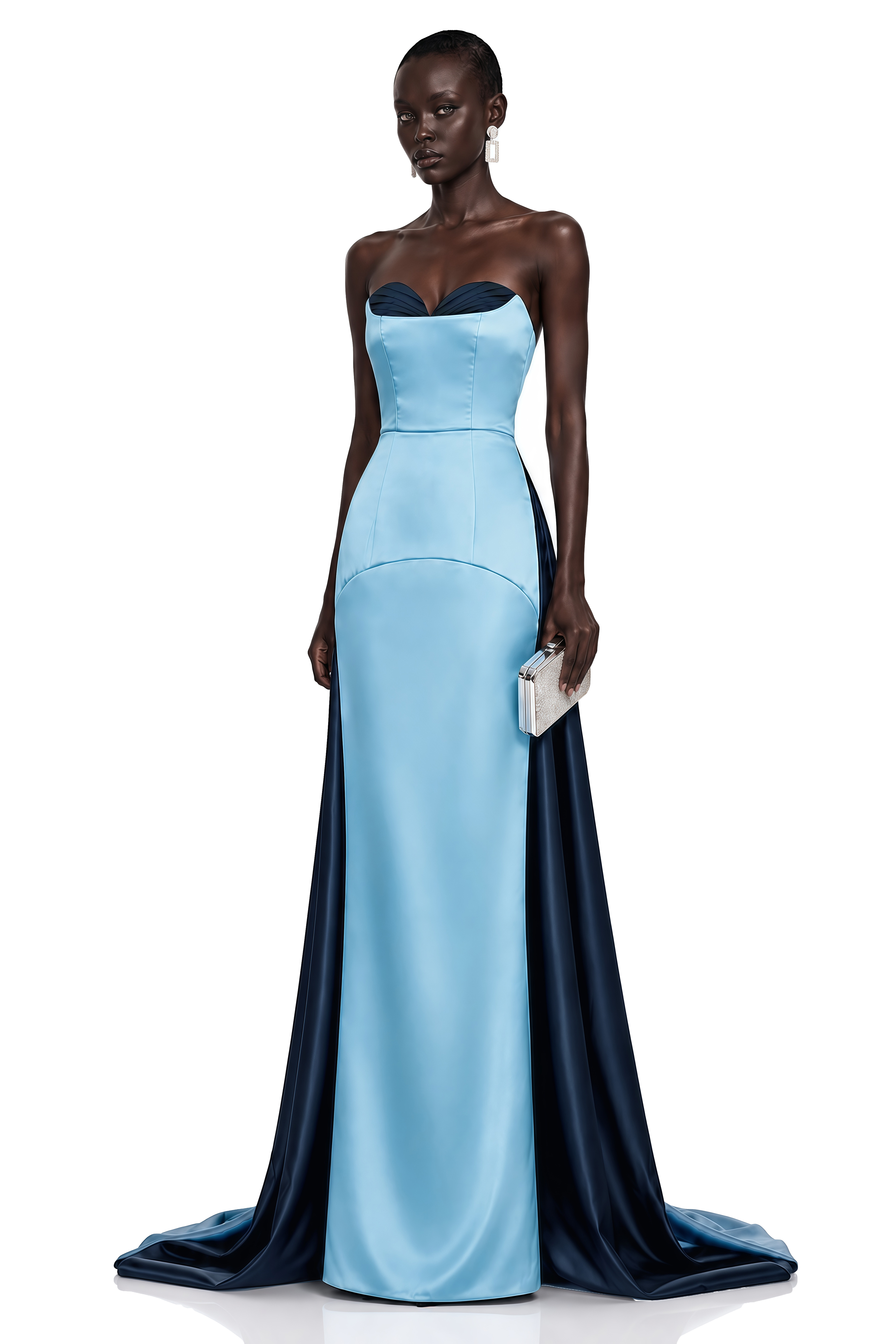 Light blue strapless gown with a contrasting navy bust and train