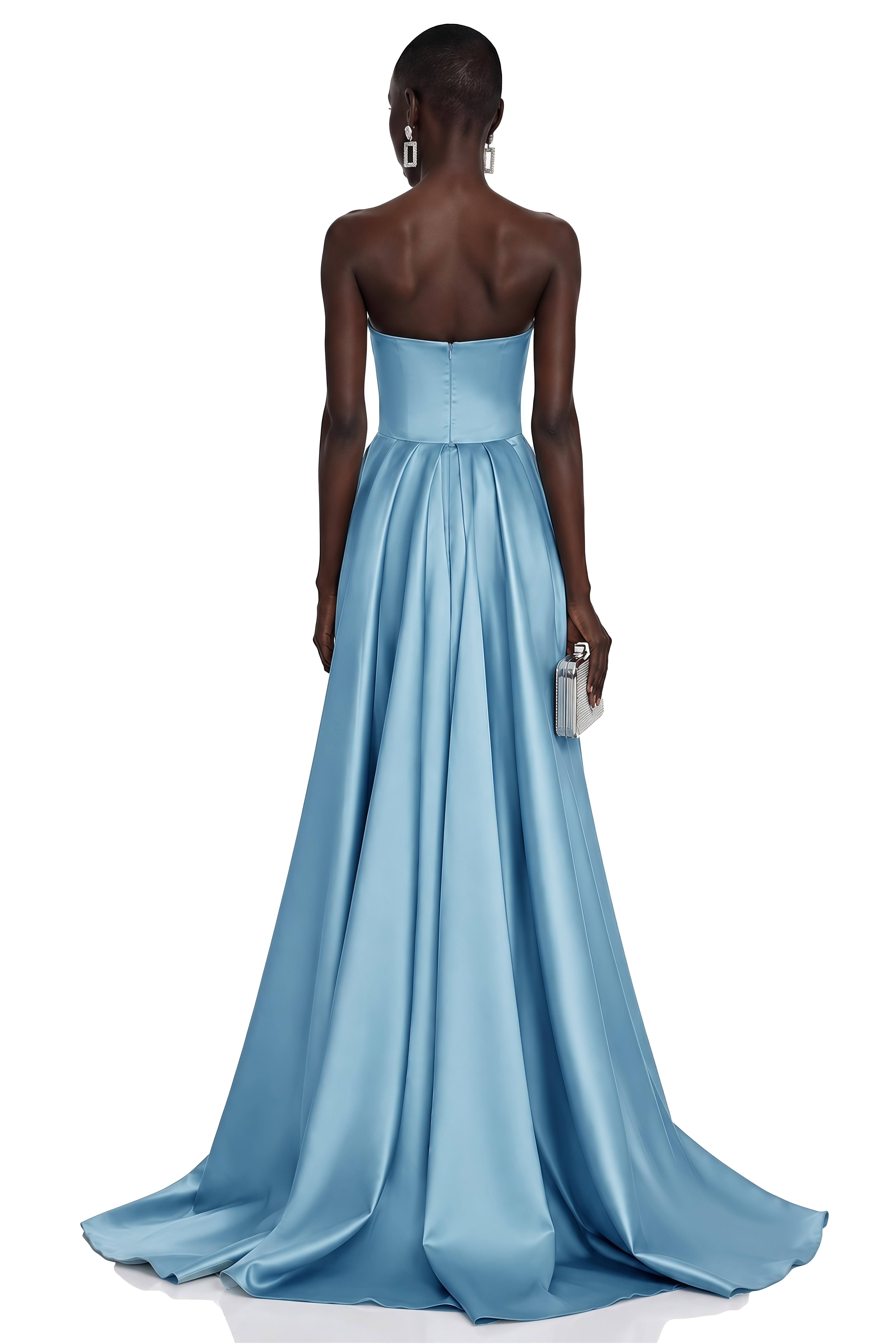 Light blue strapless gown with a contrasting navy bust and train