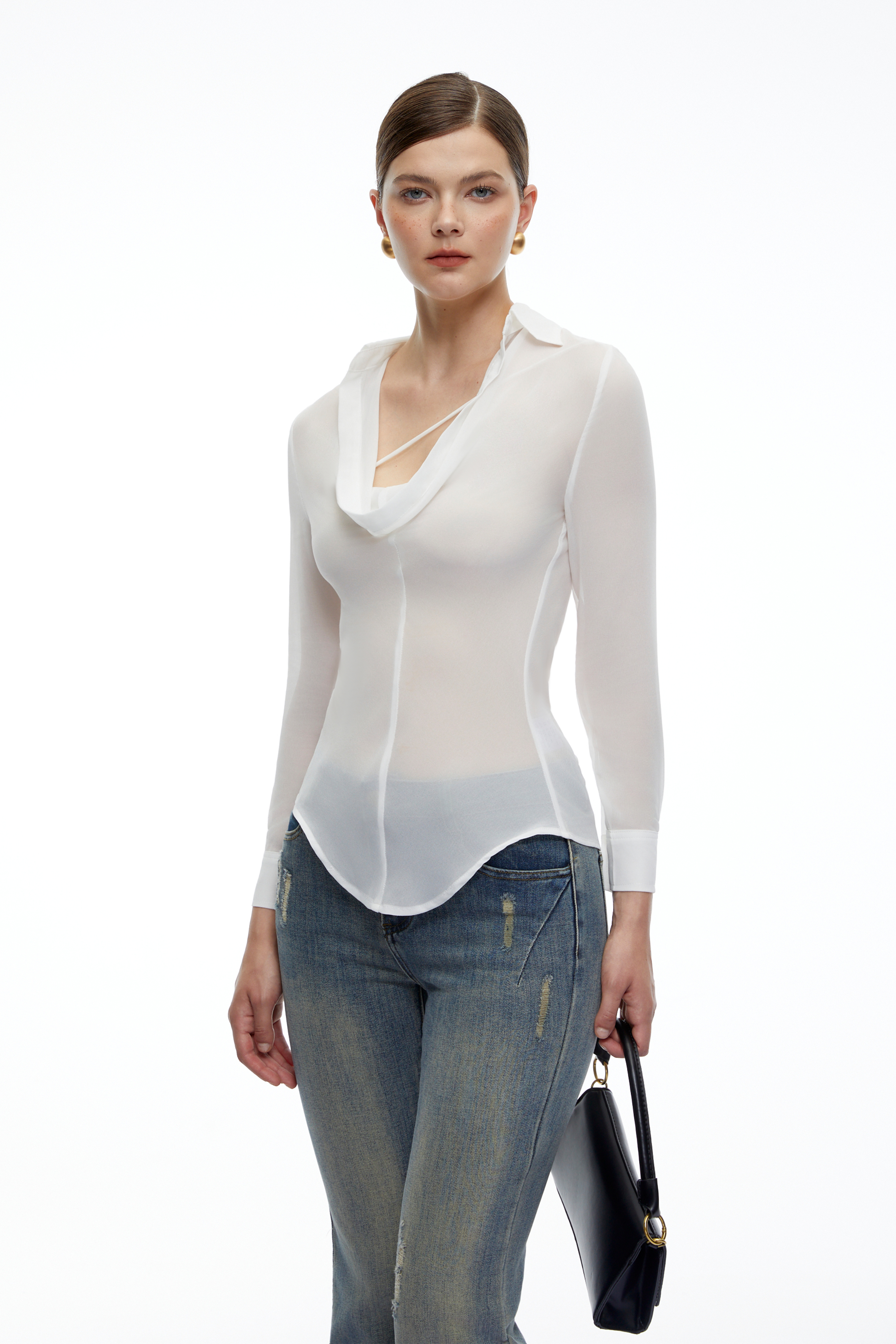 Blaire White Cowl Neck Long Sleeve Top