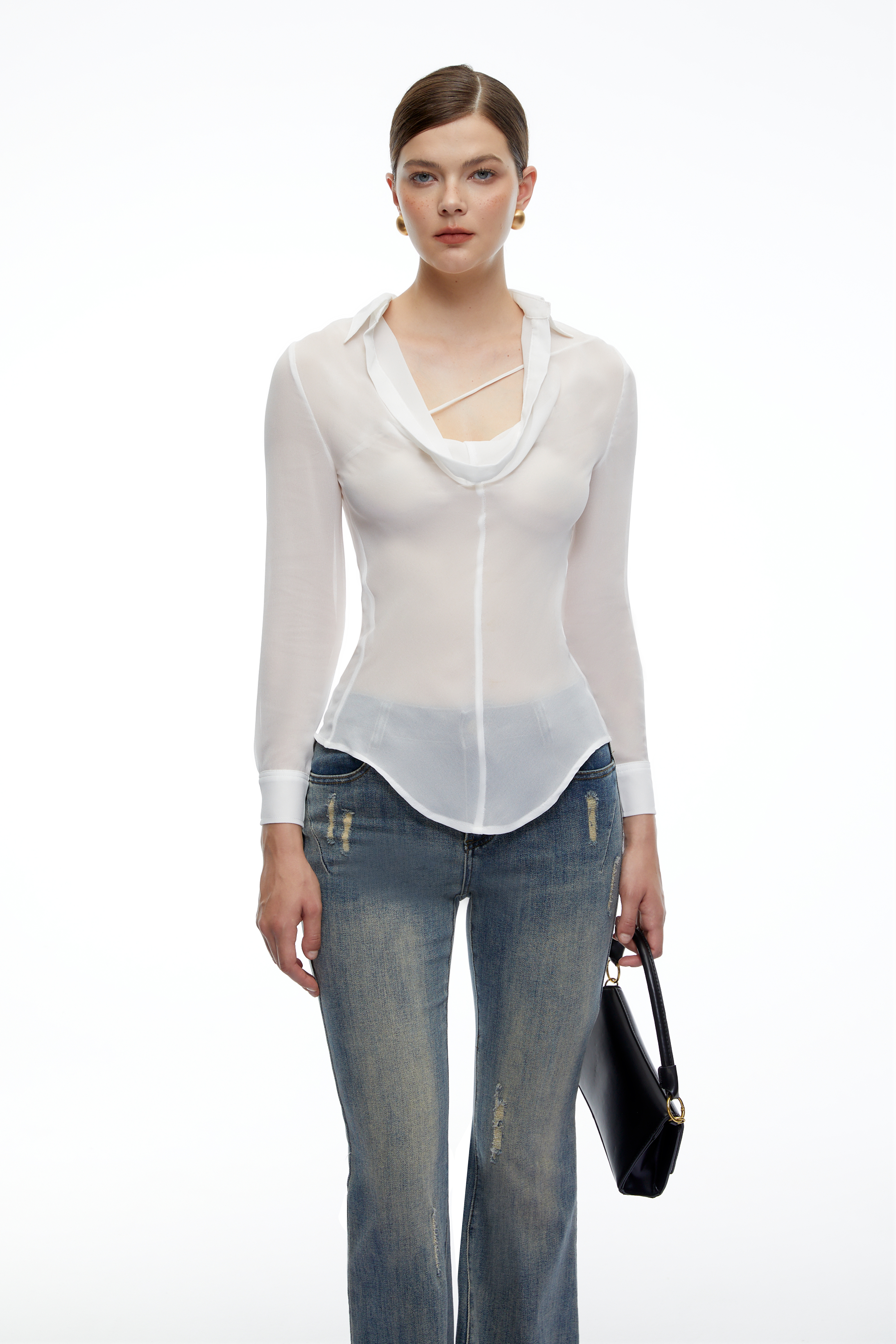 Blaire White Cowl Neck Long Sleeve Top