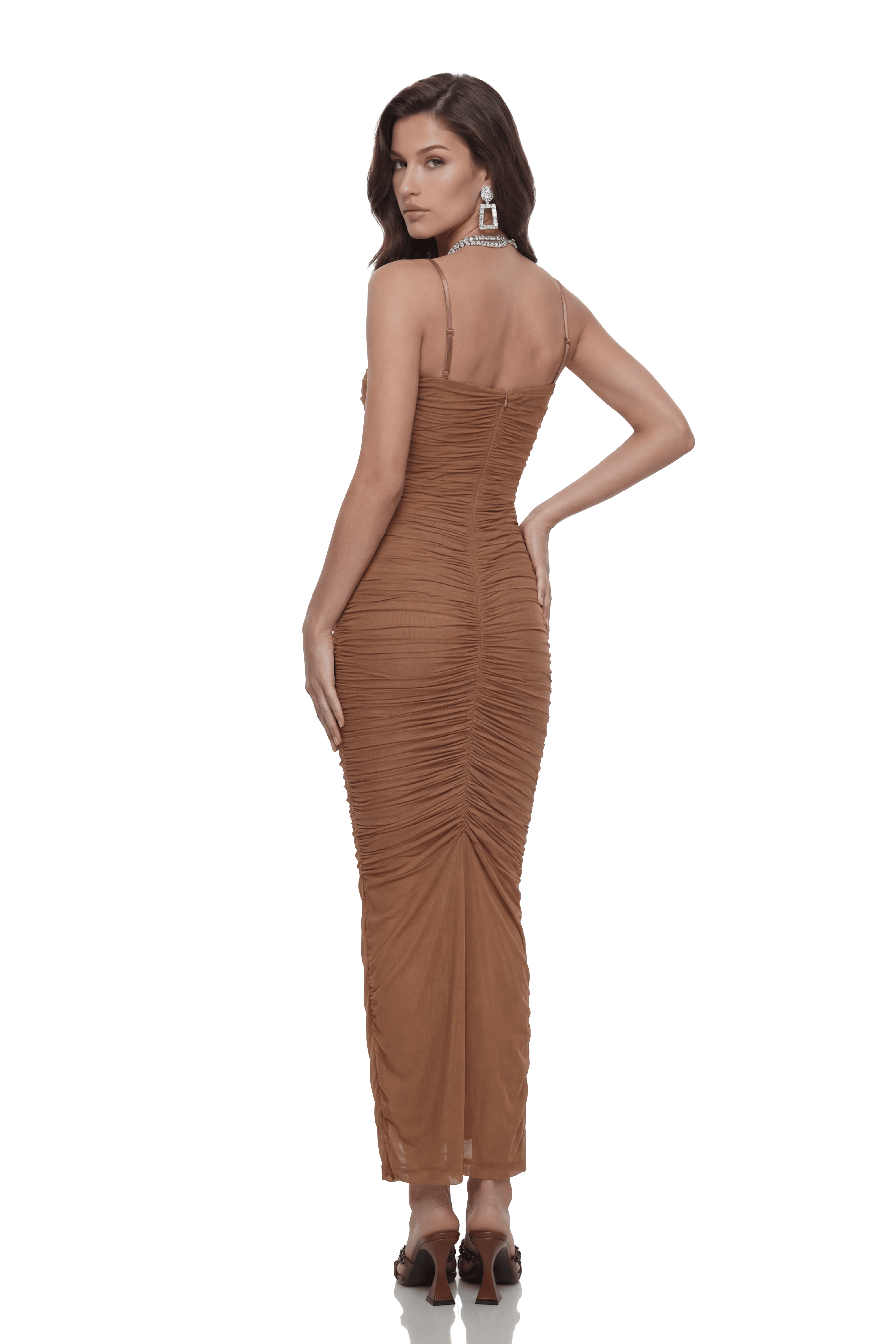 Bloem Brown Ruched Corset Maxi Dress