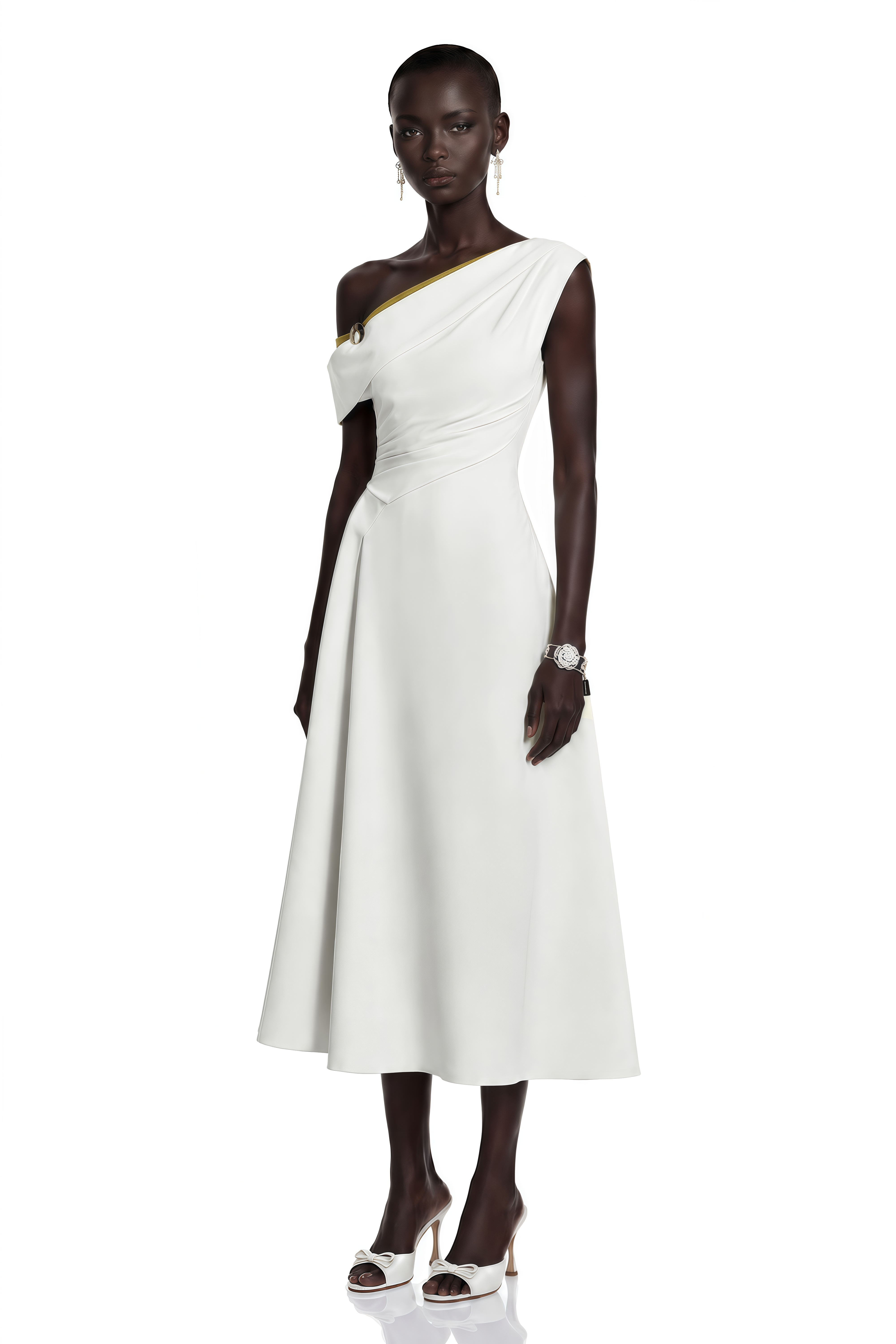 Blossom White One Shoulder Ruched Midi Dress