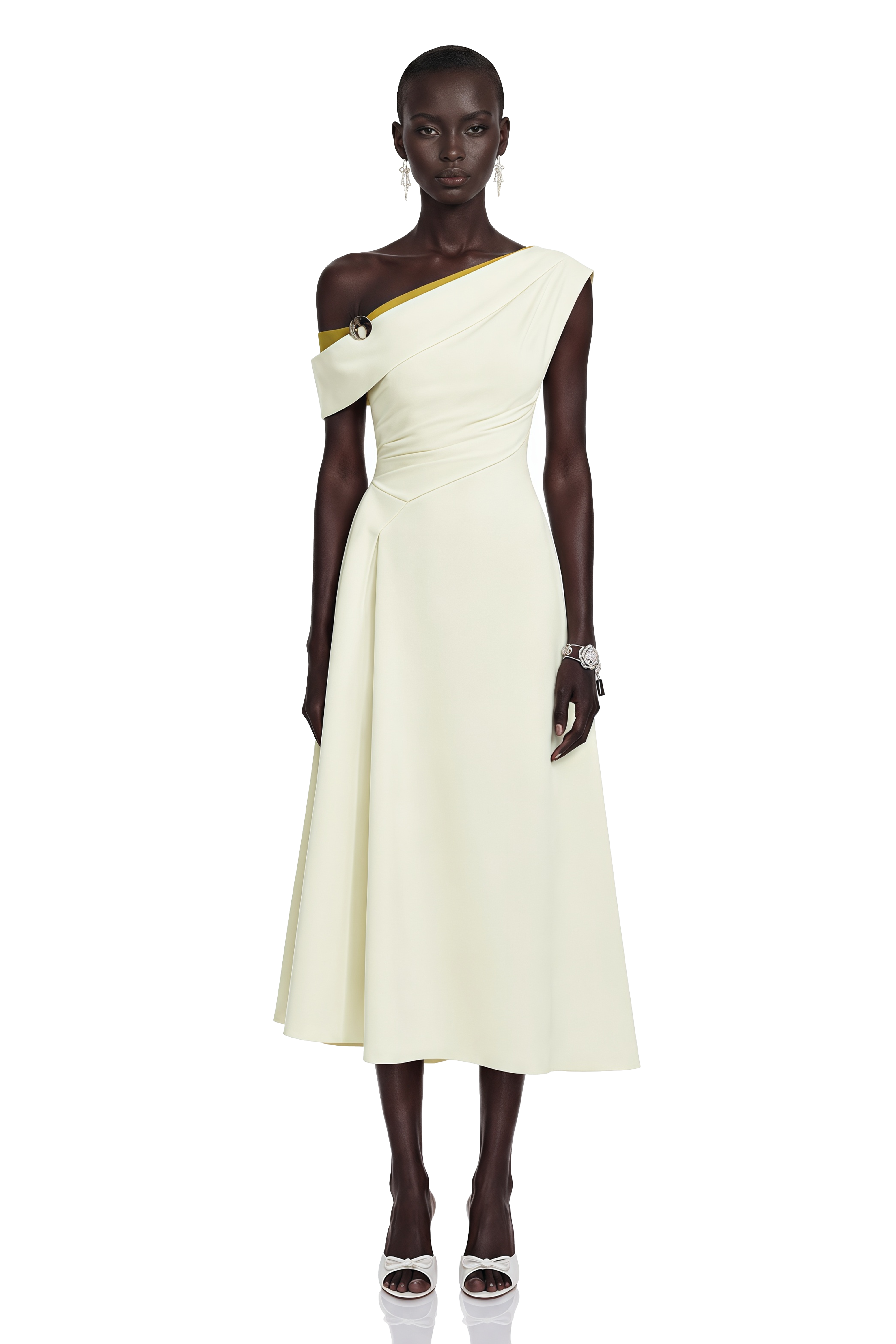 Blossom White One Shoulder Ruched Midi Dress