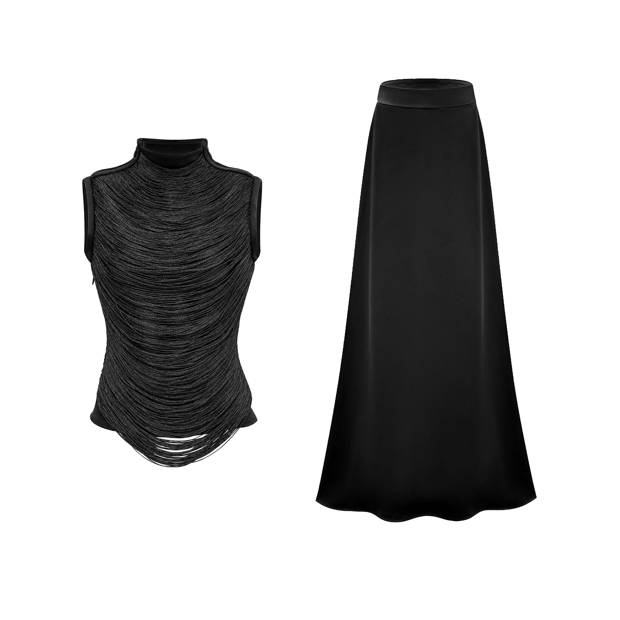 Borbála Black Fringed Top & Satin Skirt Set