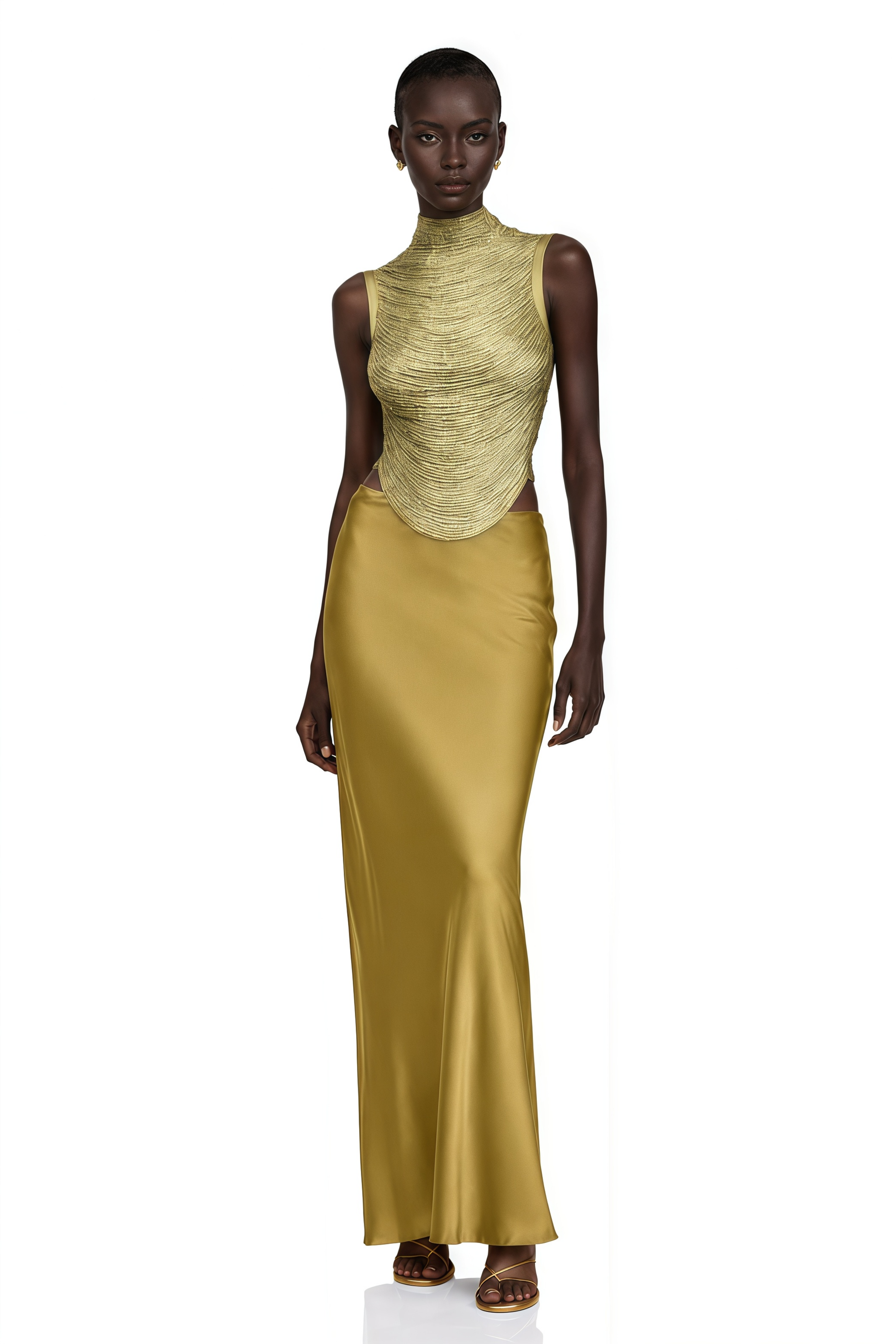 Borbála Gold Fringed Top & Satin Skirt Set