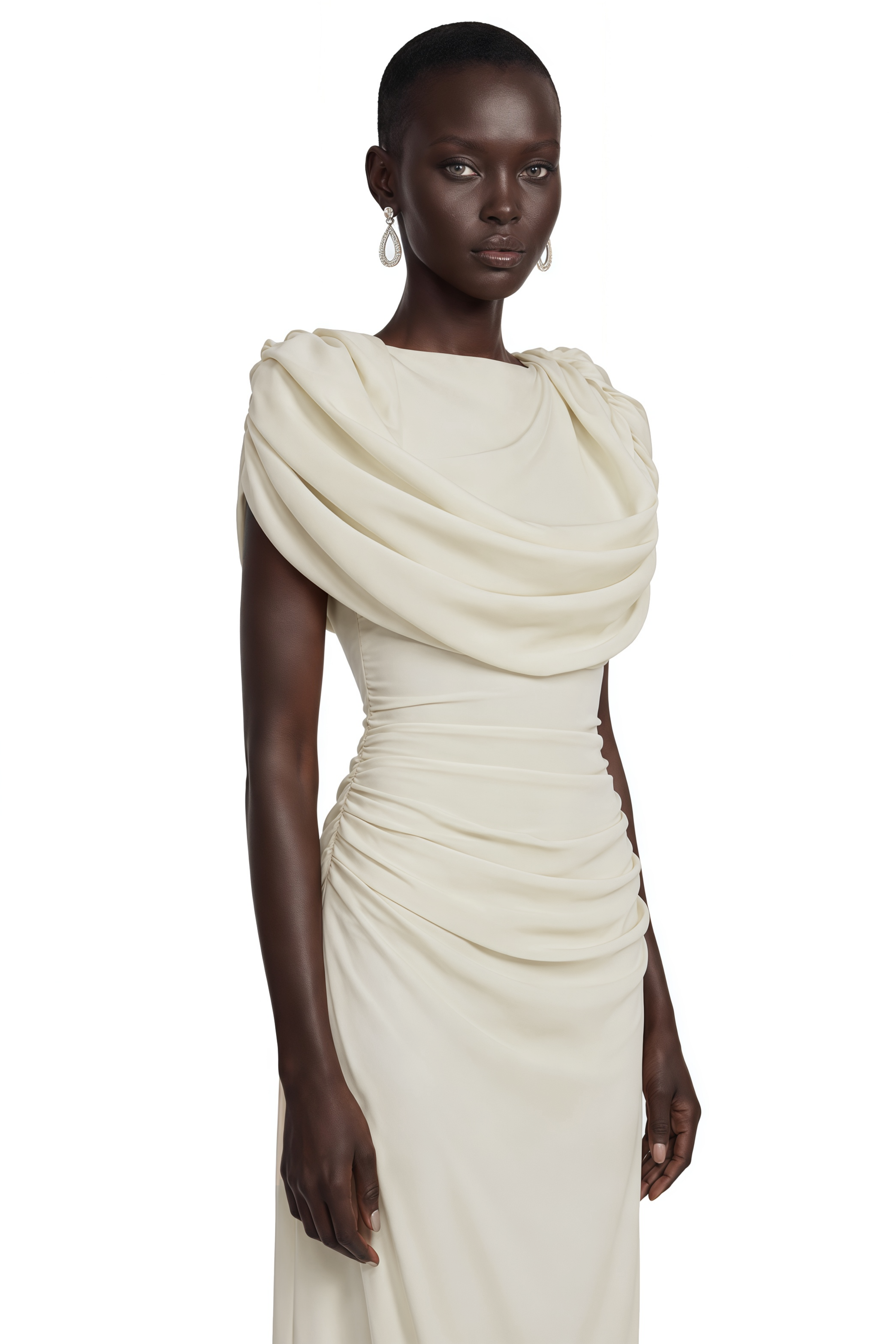 Cream gown with a heavy cowl neckline and a ruched bodice