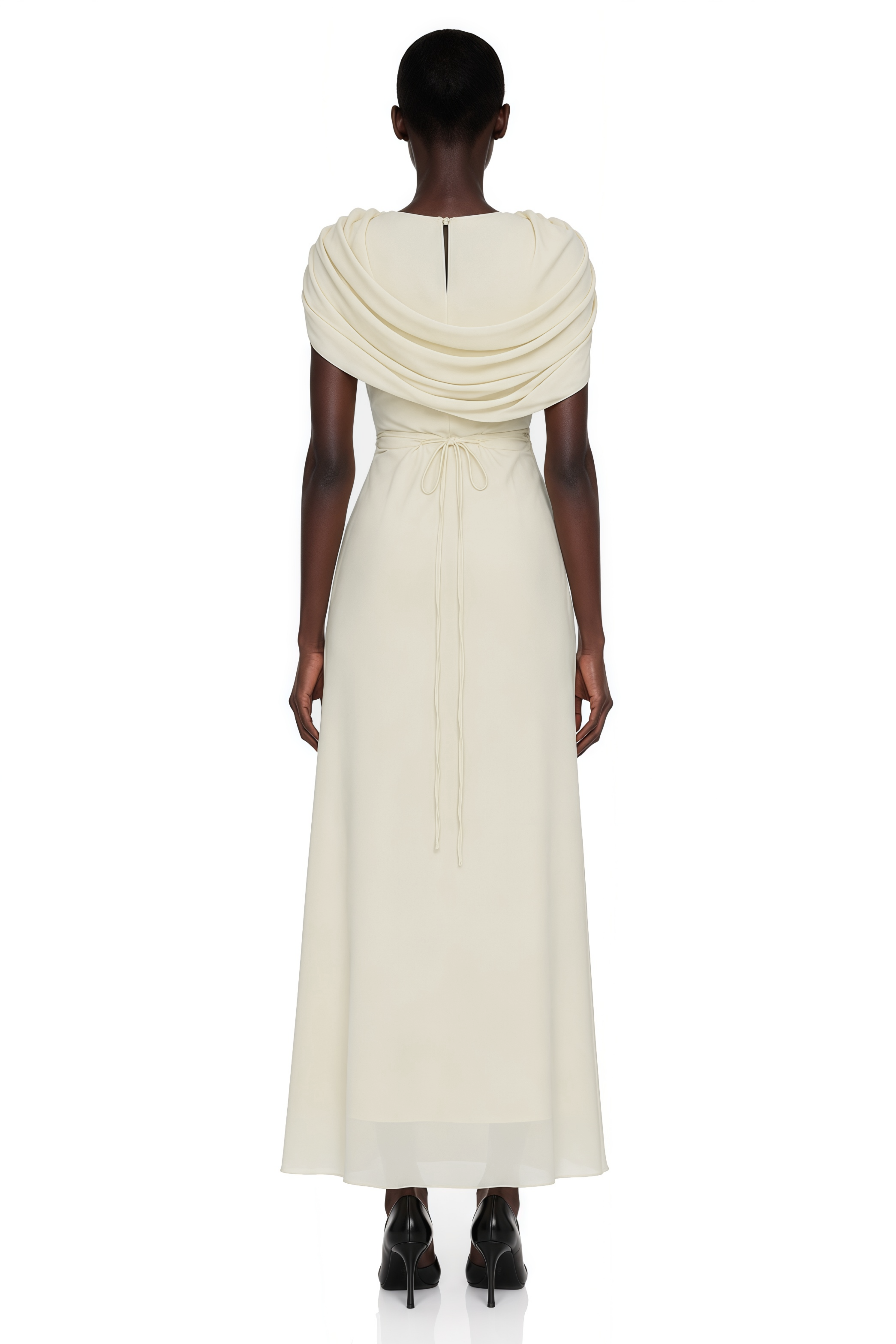 Cream gown with a heavy cowl neckline and a ruched bodice
