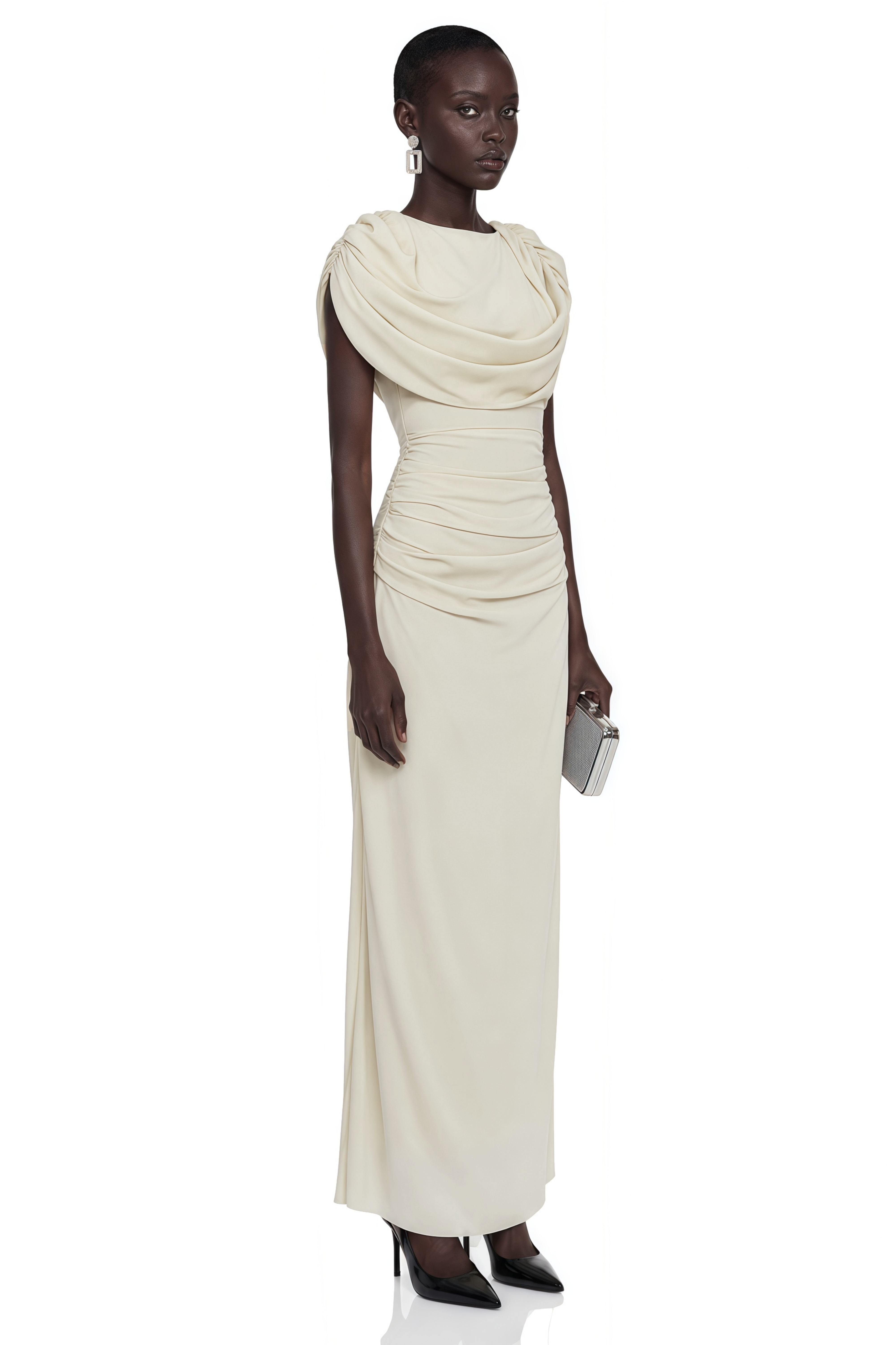 Cream gown with a heavy cowl neckline and a ruched bodice
