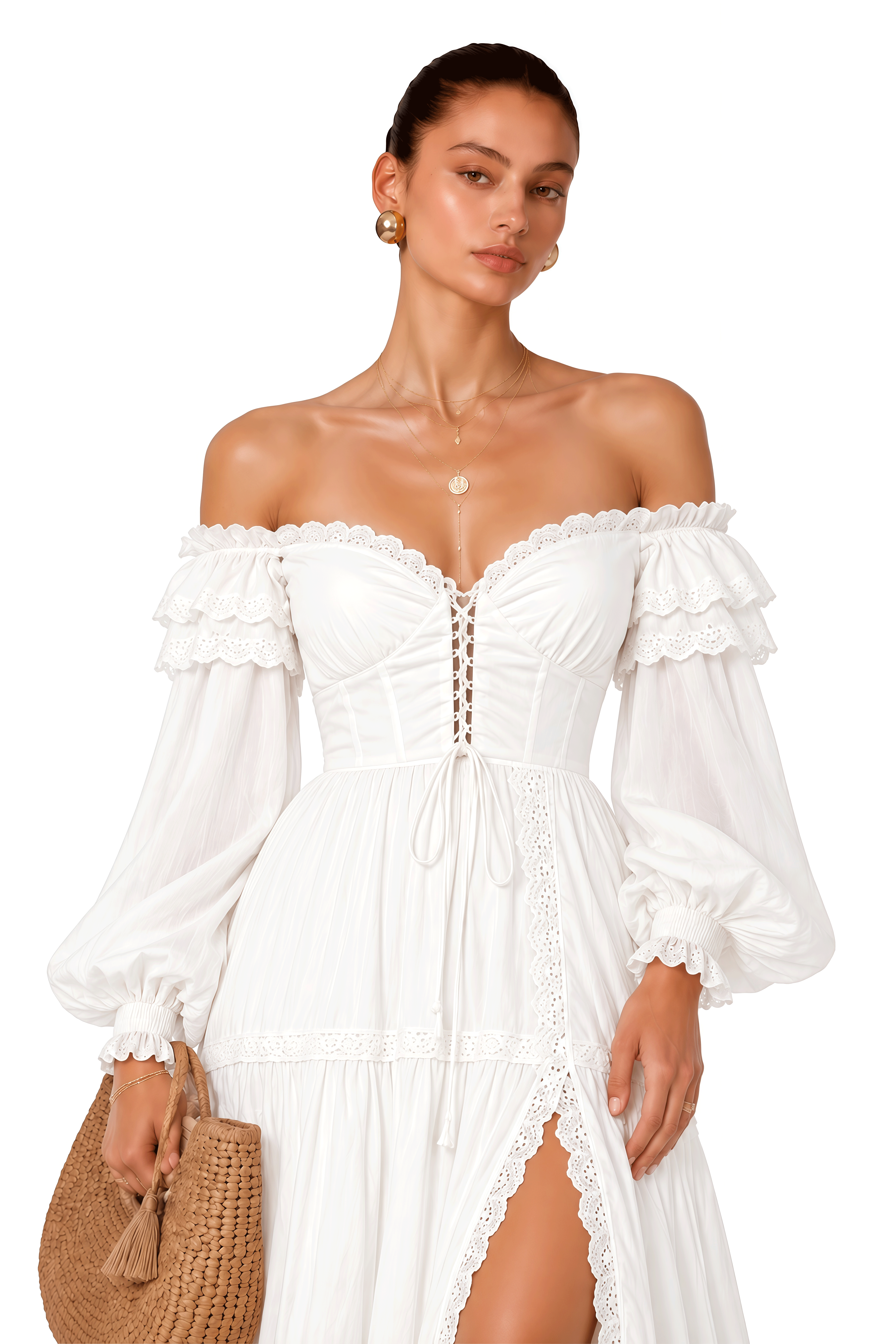 Brielle White Off Shoulder Lace Maxi Dress with Slit