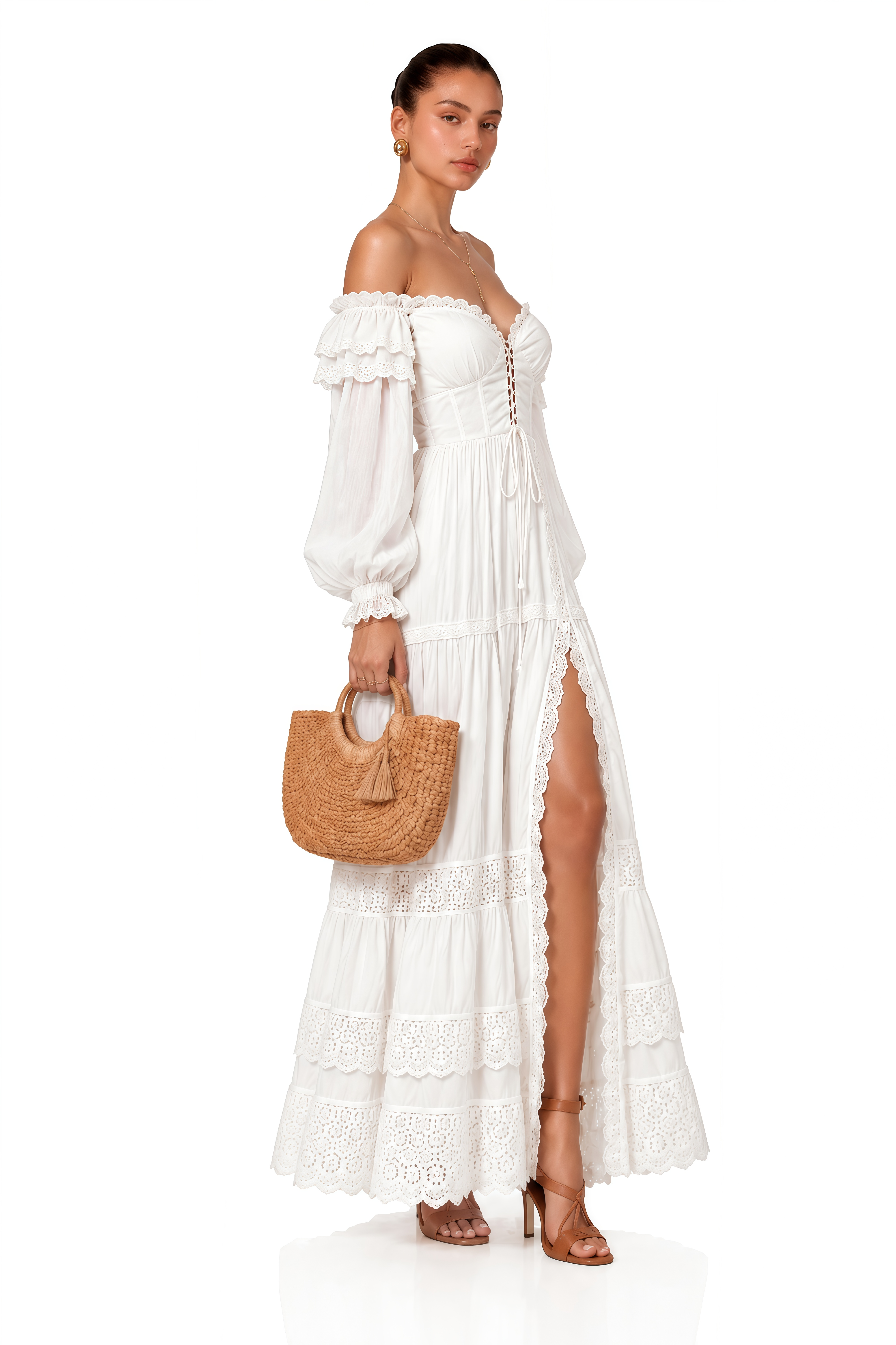 Brielle White Off Shoulder Lace Maxi Dress with Slit