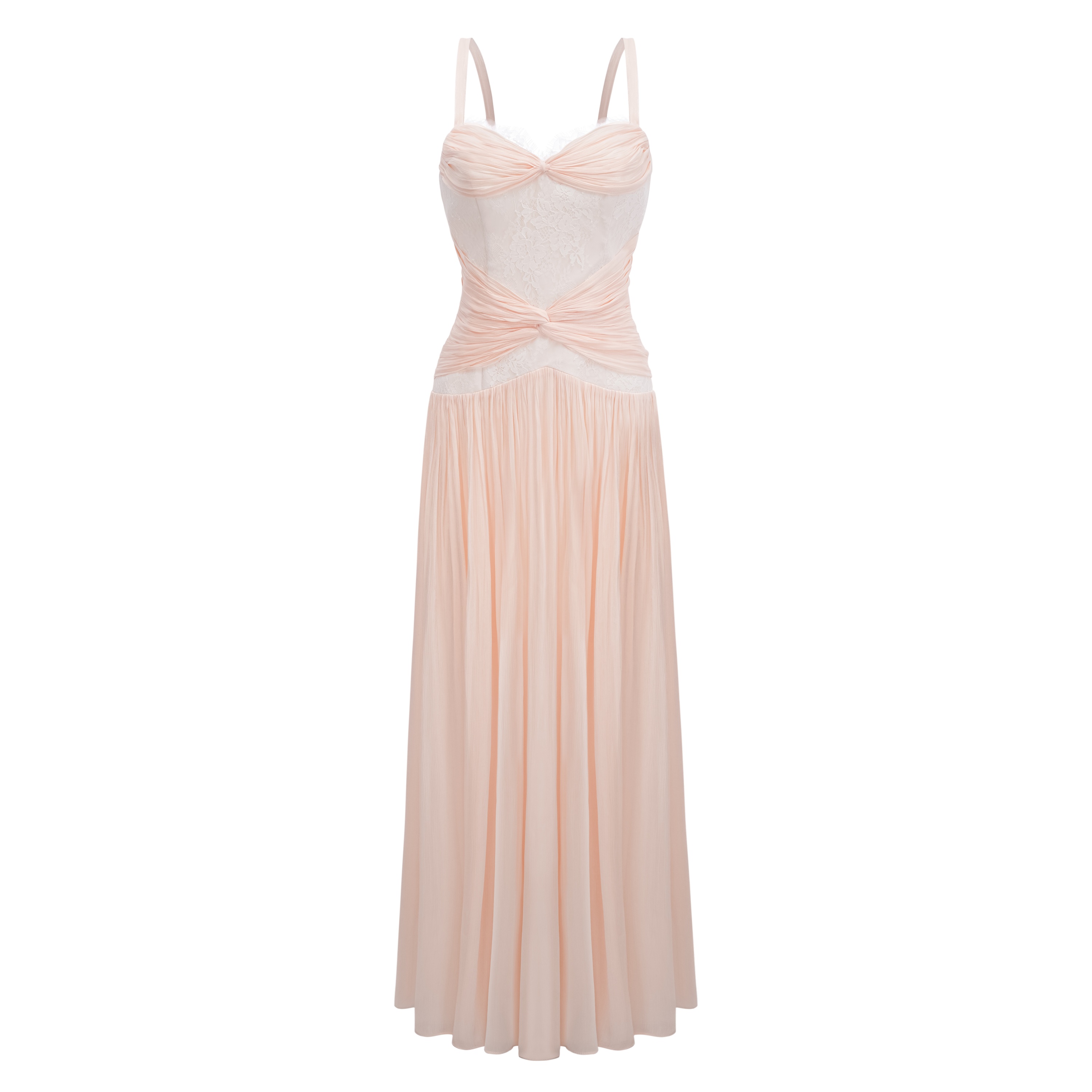 Brigitte Cream White Ruched Maxi Dress with Lace Panels