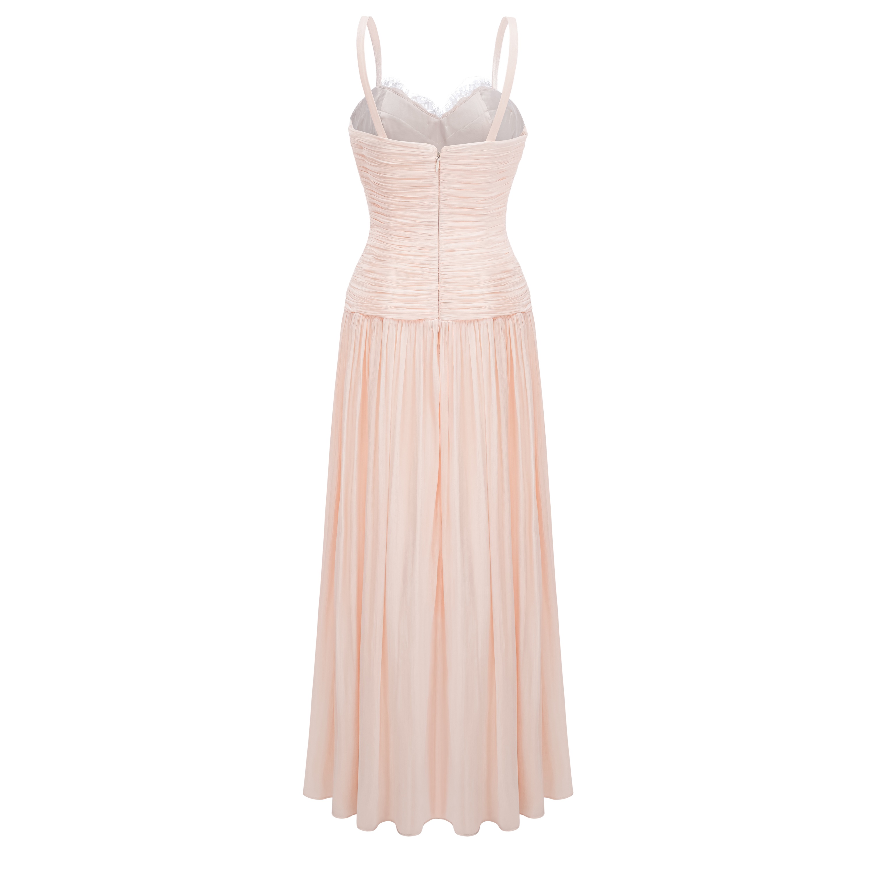 Brigitte Cream White Ruched Maxi Dress with Lace Panels